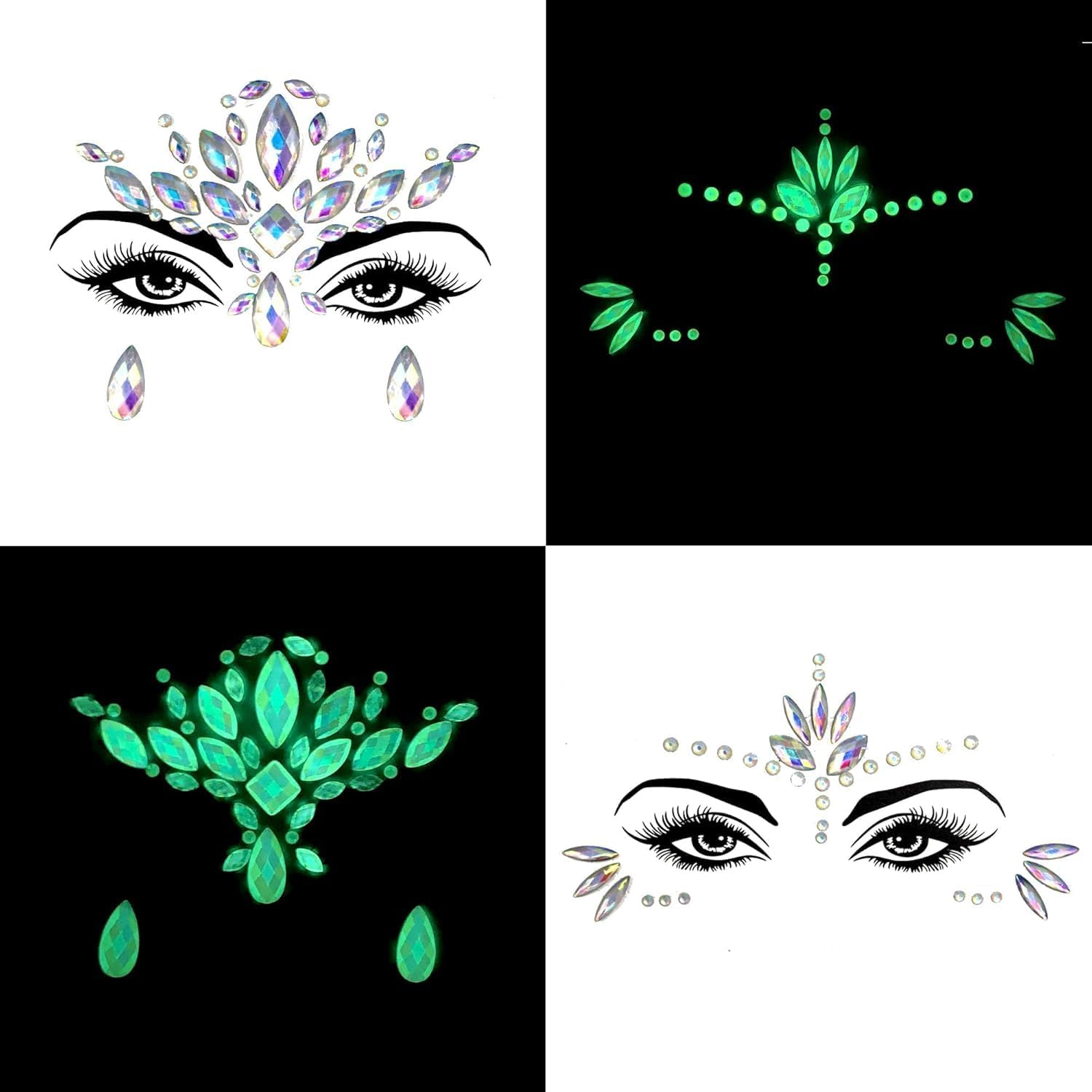 Glamifyr Pack of 8 Glow-In-The-Dark Gemstones for Face, Face Gemstones, Luminous Temporary Tattoo Stickers, Acrylic Crystal, Glitter Stickers, Waterproof, Jewellery, Tears, Rhinestones for Party image number 3