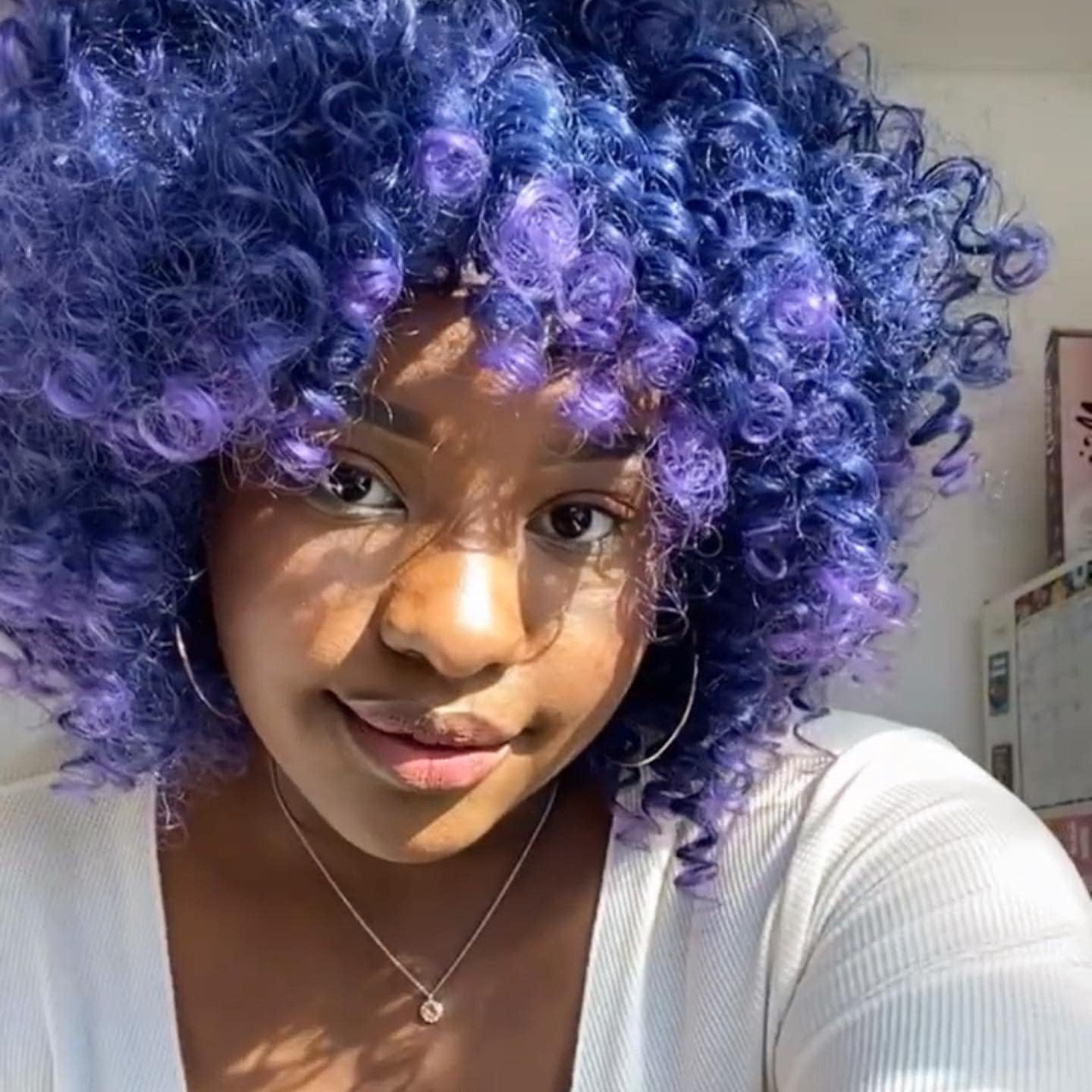Lizzy Short Afro Curly Wigs for Black Women Full Synthetic Natural Blue with Purple Afro Kinkys Curly Wig with Bangs Shoulder Length Heat Resistant Wigs for Daily Use image number 1