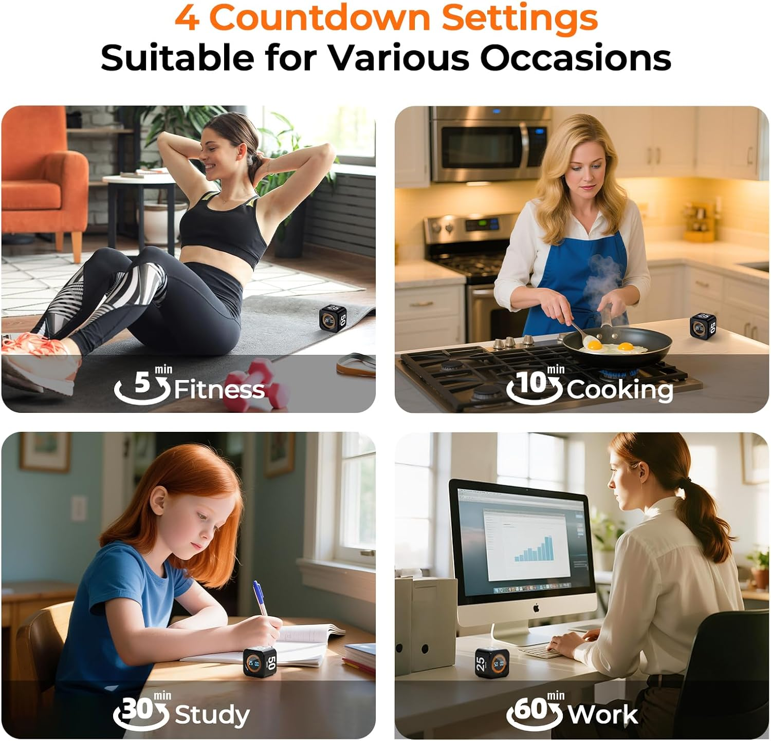 Eoocoo Visual Pomodoro Timer, Gravity Cube Productivity Timer, ADHD Tool, 4 Preset Time (5/10/25/50 Min), Rechargeable, Visual Display & Countdown/Up Ring for Kitchen Office Work Study image number 4