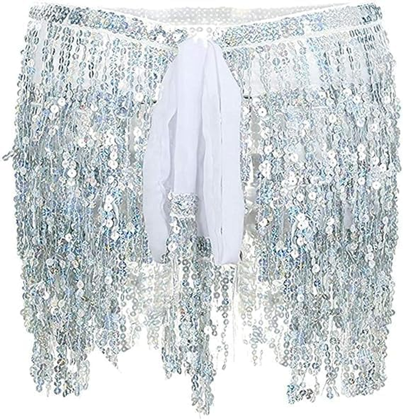 Belly Dance Hip Scarf Sequin Tassel Skirt Dance Wrap Skirts Sparkly Fringe Rave Outfits for Women White image number 5