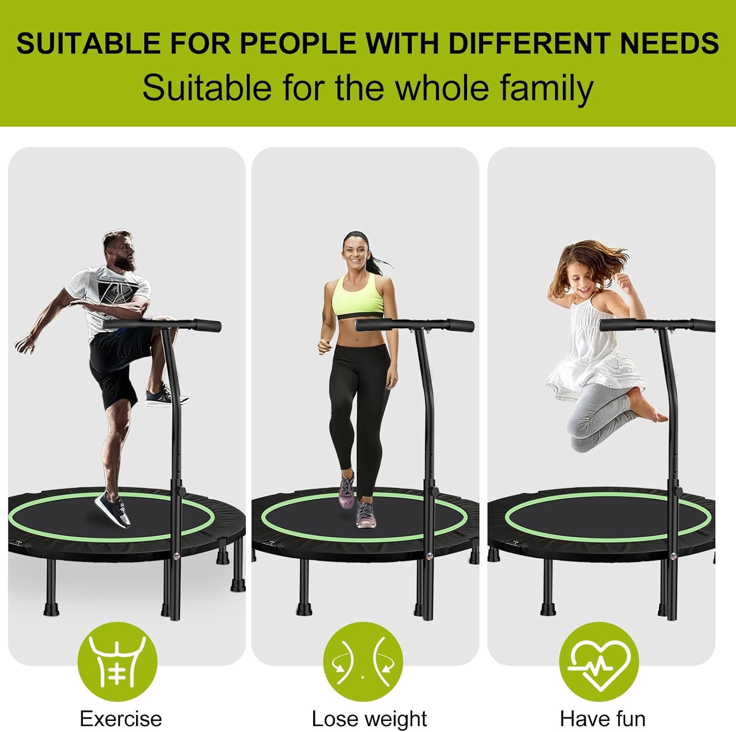 48" Rebounder Mini Trampoline Max Load 350Kg, Foldable Fitness Trampoline with Adjustable Foam Handle, T Shape Trampoline Suitable for Adults and Kids image number 5