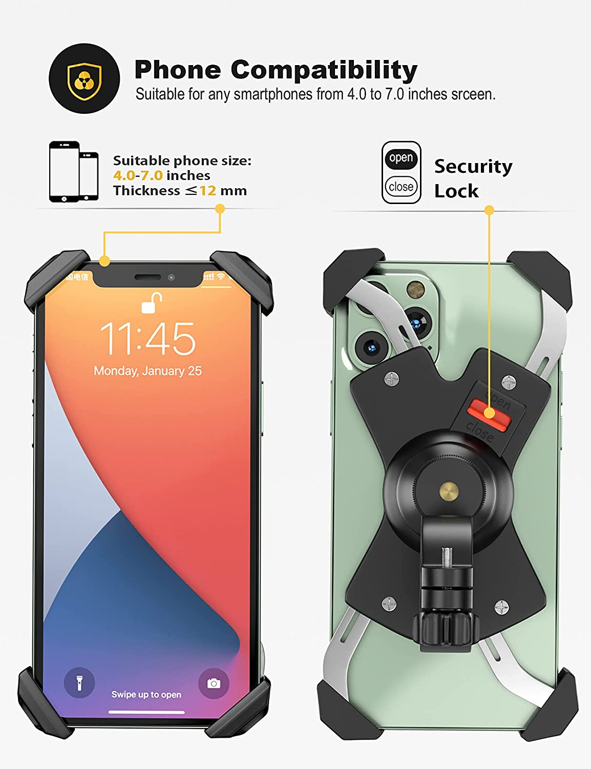 Grefay Bike Phone Mount Metal Motorcycle Smartphone Holder for Handlebar Cradle Clamp with 360 Rotate 4.0-7.0 Inch Device image number 4