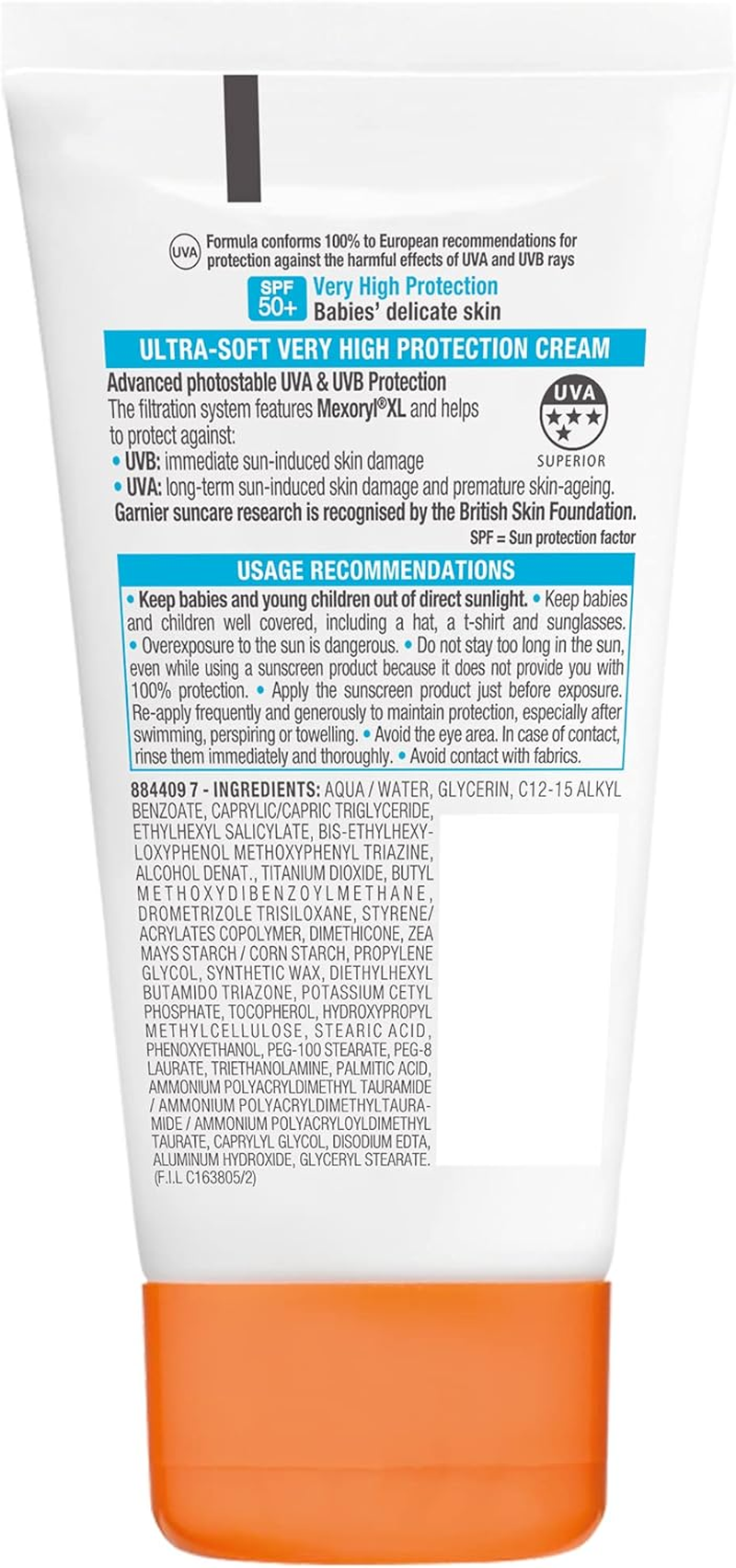 Garnier Ambre Solaire Baby in the Shade Ultra-Soft Sun Cream SPF50 50Ml, Travel Friendly