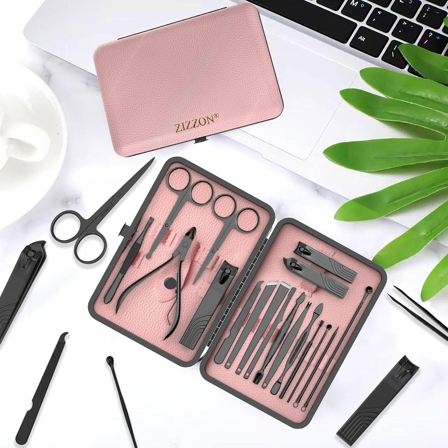 ZIZZON Nail Clippers Manicure Pedicure Set 18 in 1 Nail Grooming Kit with Leather Travel Case(Black/Pink) image number 5