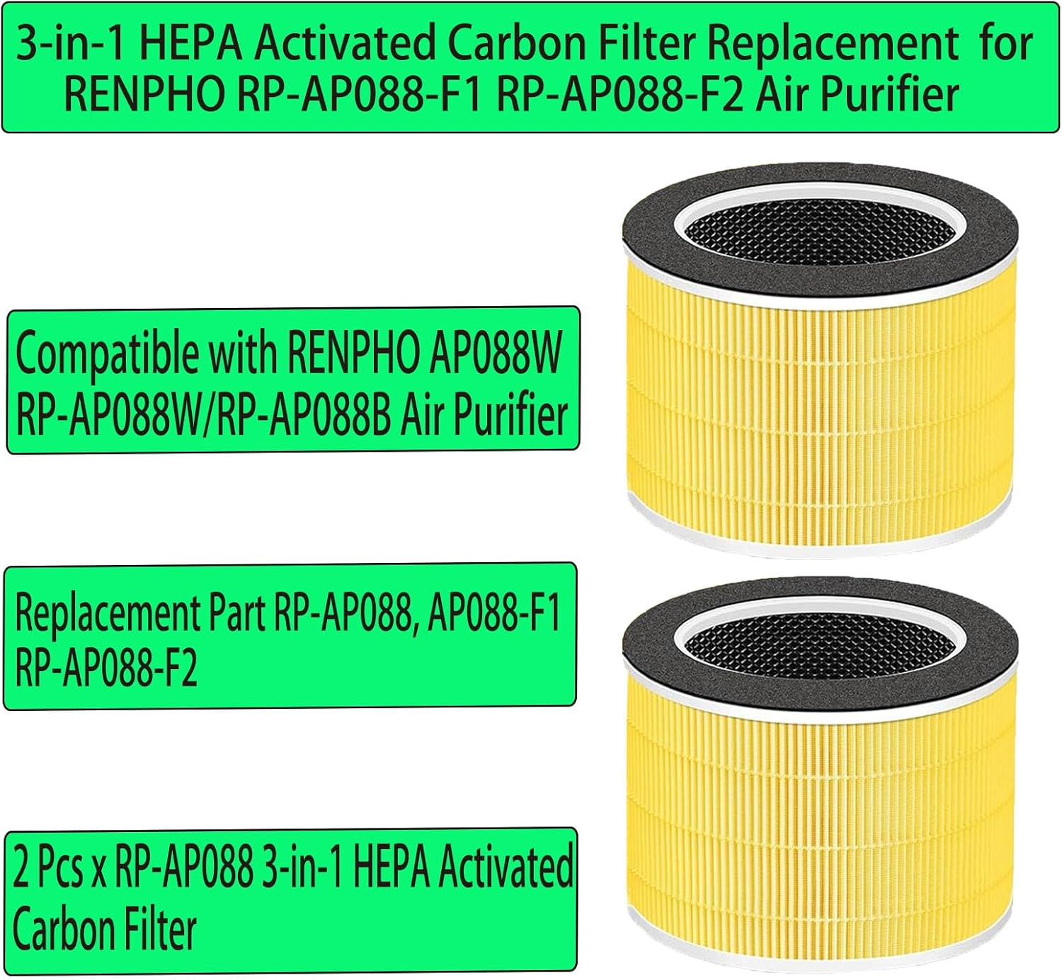 RP-AP088 Replacement HEPA Activated Carbon Filter for RENPHO AP088W RP-AP088W RP-AP088B Air Purifiers Air Purifier, Part # RP-AP088-F1 RP-AP088-F2-2 Pack image number 2