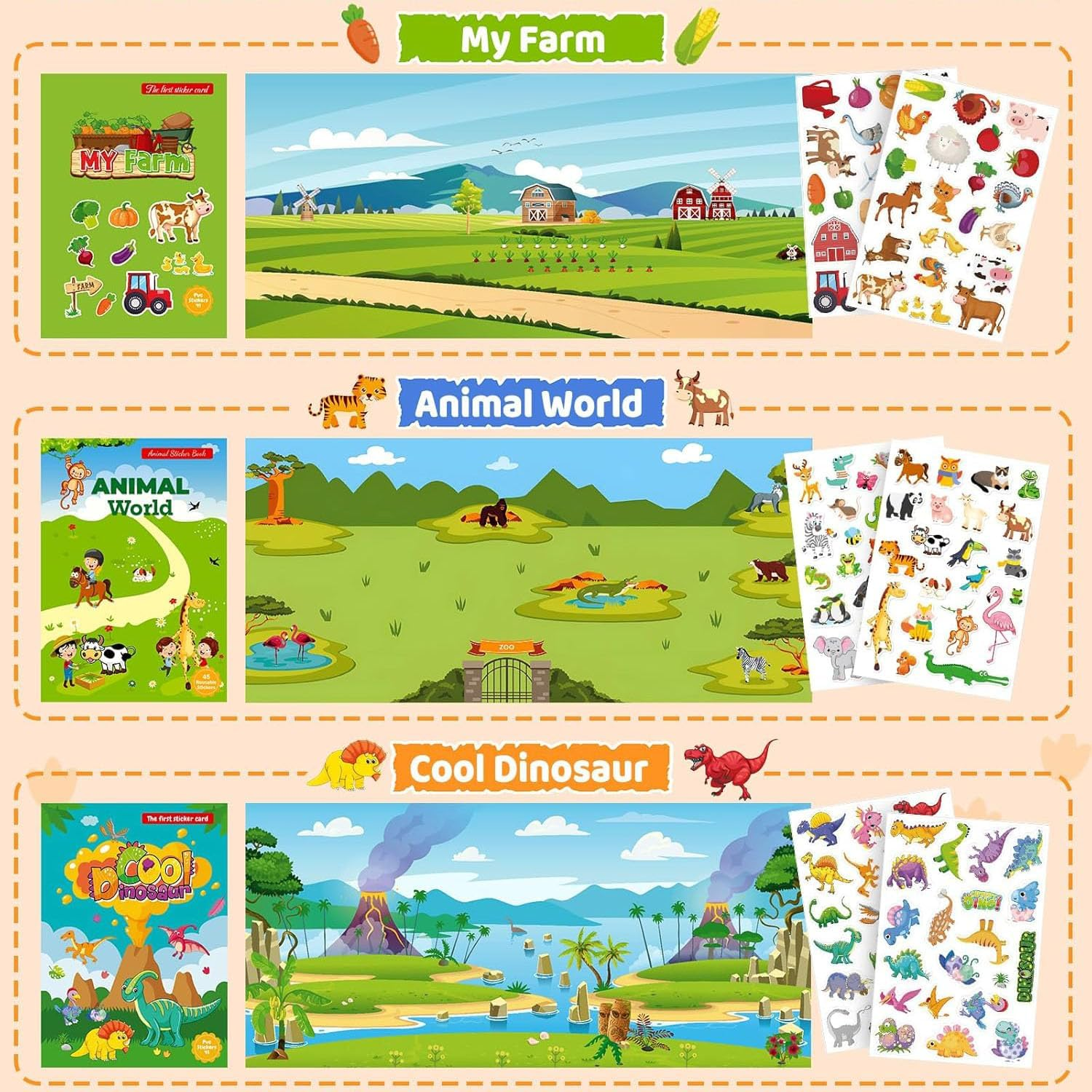 Kids Sticker Book, 3 Pack Fun Travel Stickers, Farm, Wild Animals, Dinosaurs Themes, PVC Material, Multicolor, Animal Pattern, Reusable, 18 Stickers, Ages 3+, Outdoor Use, Sticker Book image number 2