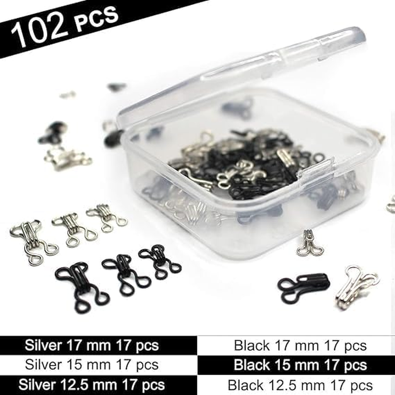 Bra Hooks,102 Set Hook and Eye Latch for Clothing,Strong Metal Bra Hooks Eyes Black and Silver, 3 Sizes, 12.5/15/17Mm, Silver/Black image number 2