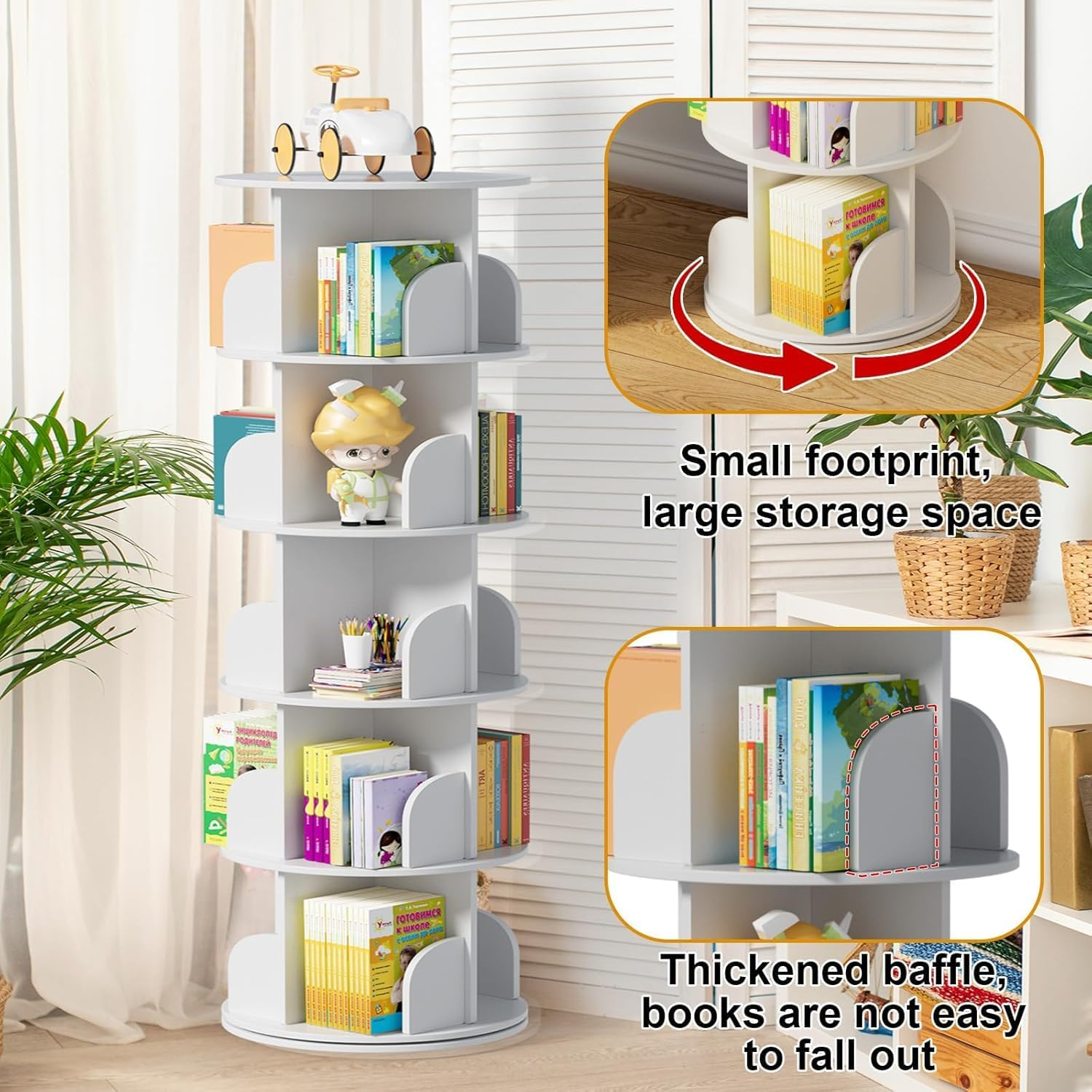 Lehom 5 Tier Rotating Bookshelf, 360&deg; round Spinning Bookcase, Floor Standing Revolving Book Shelf Tower, 160Cm Tall Circle Swivel Bookcase for Small Space, Bedroom, Study Room, White image number 3