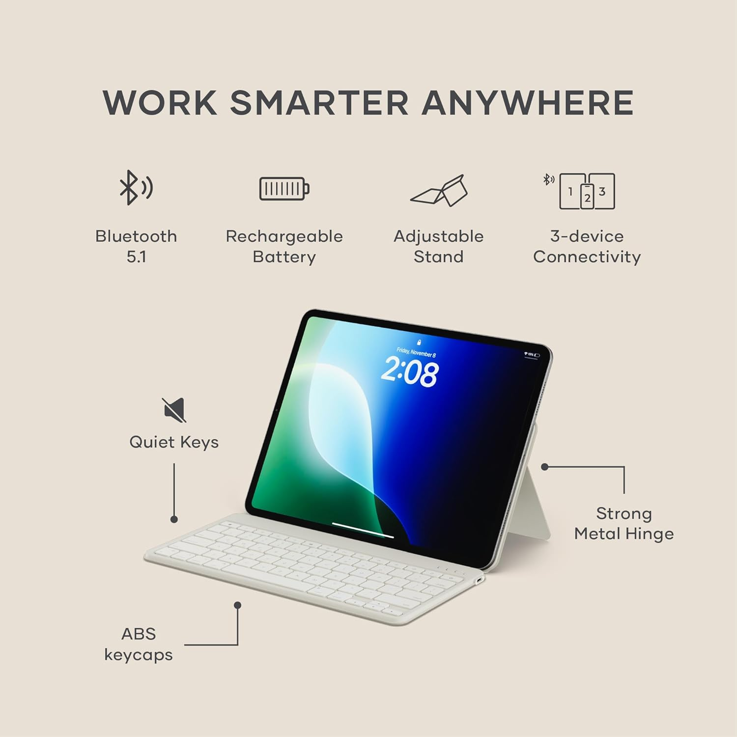 Satechi Onthego Bluetooth Keyboard with Adjustable Stand, Connect up 3 Devices, USB C Rechargeable Battery, Compact and Portable Keyboard for Ipad, Tablet &ndash; Sand image number 6