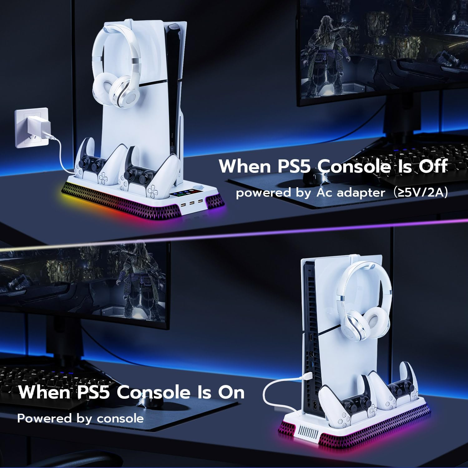 Mcbazel Cooling Charging Dock for PS5 Slim/Pro, Multifunctional Vertical Stand with RGB Cooling Fan,Dual Controller Charger,Headphone Holder,3-Speed Adjustable Fans for PS5 Console image number 5