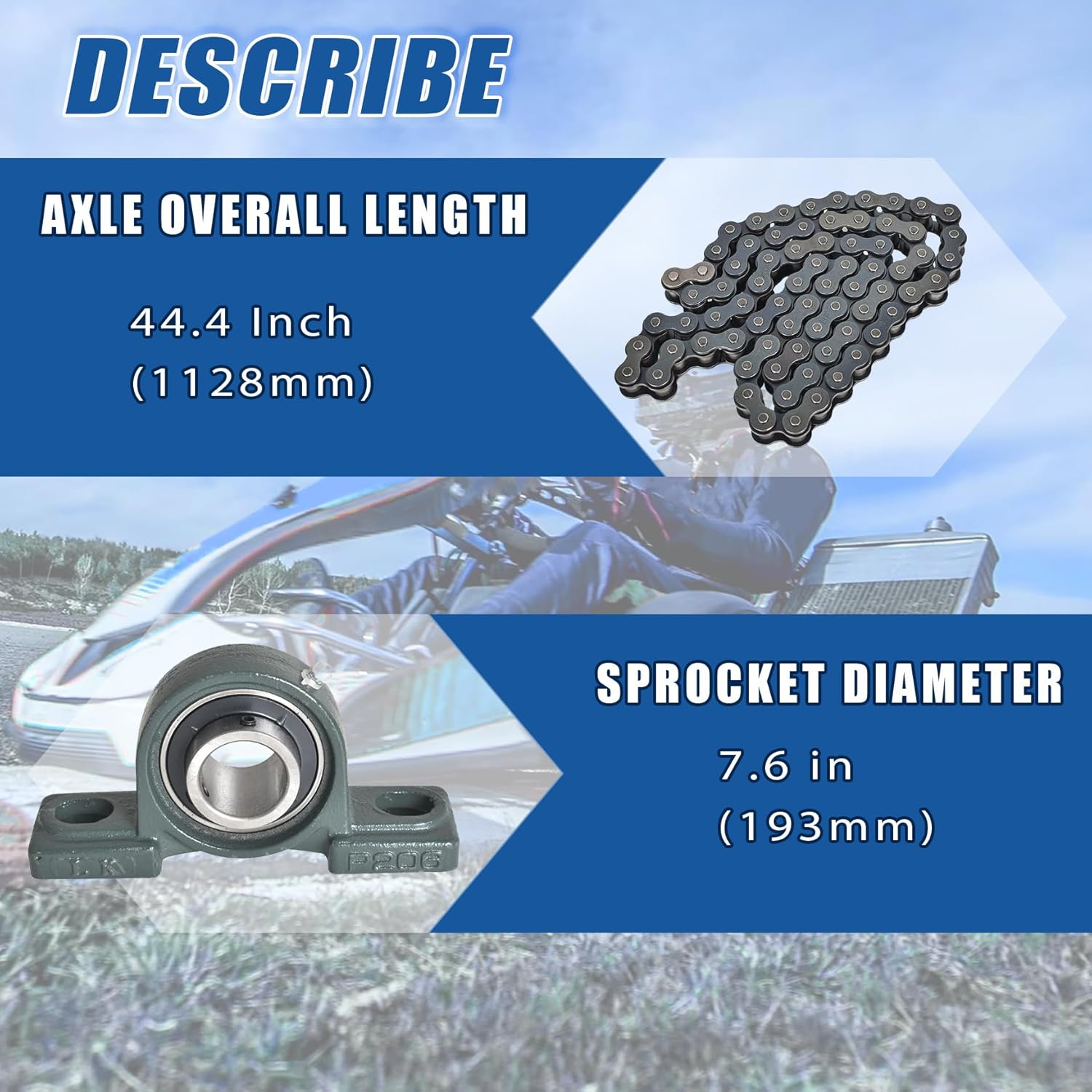 Go Kart Rear Axle Kit 44-Inch Axle with Pillow Block Sprockets Brake Discs Hubs Chains Brake Master Cylinder Calipers Replacement for Go Kart Atvs 4X4S and Drift Tricycles image number 3