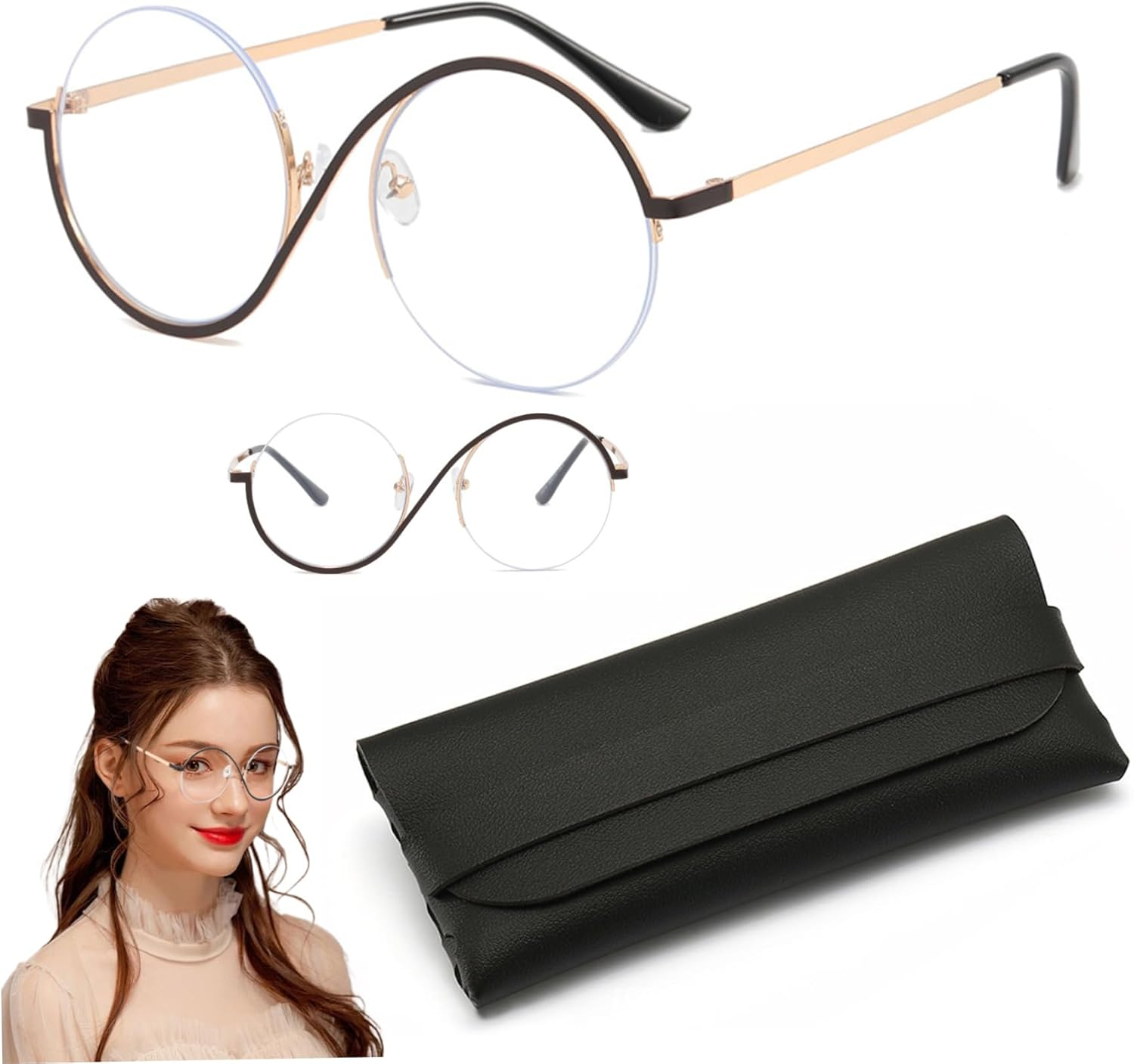 Round Frame Glasses Metal Frame Glasses with PC Lens Non  Glasses Minimalist Trendy Fashion Glasses with Storage Case for Daily Wear, Travel, Photos image number 3