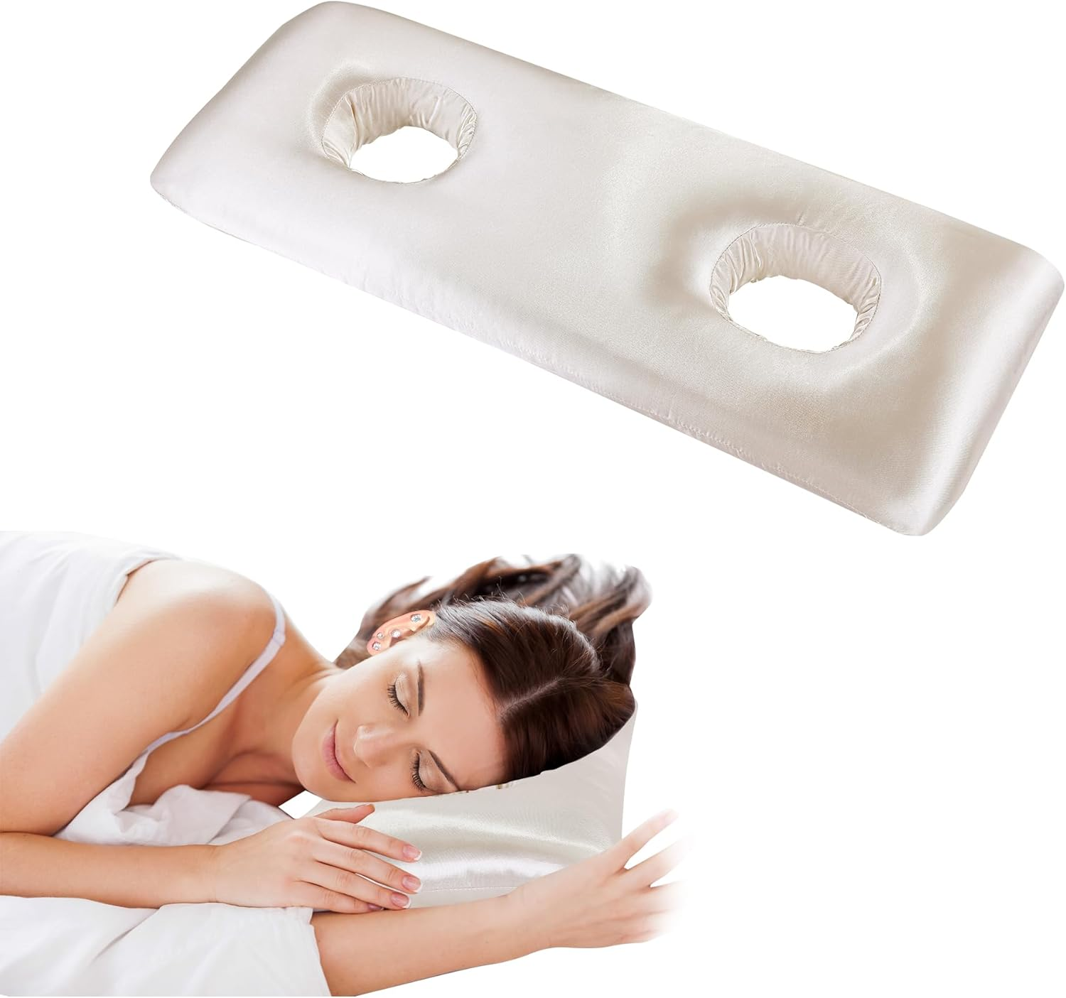 MABOZOO Silky Satin Ear Piercing Pillow, Ear Pillow with Ear Hole for Side Sleepers, Ear Guard Pillow for Ear Piercing, Reduce Discomfort, Inflammation Protection, Reduces Ear Pressure(Champagne)