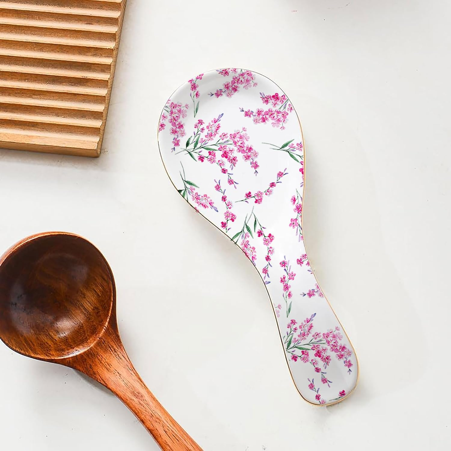 Ceramic Spoon Rest for Stove Top Kitchen Counter Large Spoon Holder Farmhouse Floral Flowers Print Coffee Spoon Cooking Utensil Tools Rest Modern Kitchen Decor image number 3
