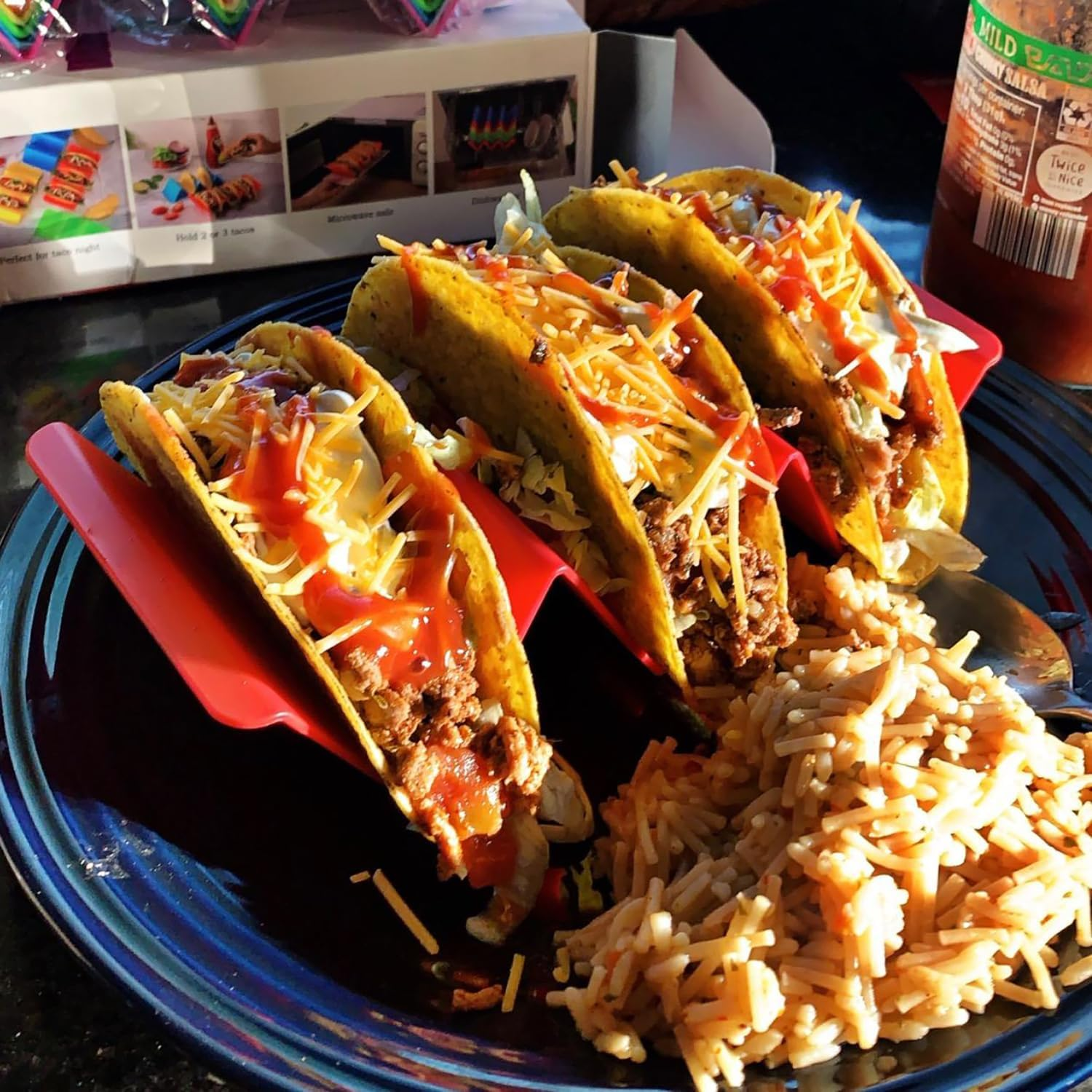 Colorful Taco Holders Set of 6,Taco Tray Plates with Handle,Each Can Hold 2 or 3 Tacos,Dishwasher and Microwave Safe (Yellow)