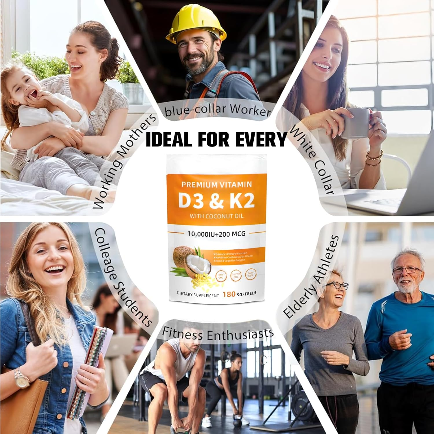 Vitamin D3 K2 Supplement Softgels, 180 Softgels, 2 in 1 Vitamin D3 with K2,Vitamins D3 K2 10,000 IU Supplement Coconut Oil Softgels, GMO Gluten and Sugar Free,Protects Bone and Cardiovascular Health image number 4