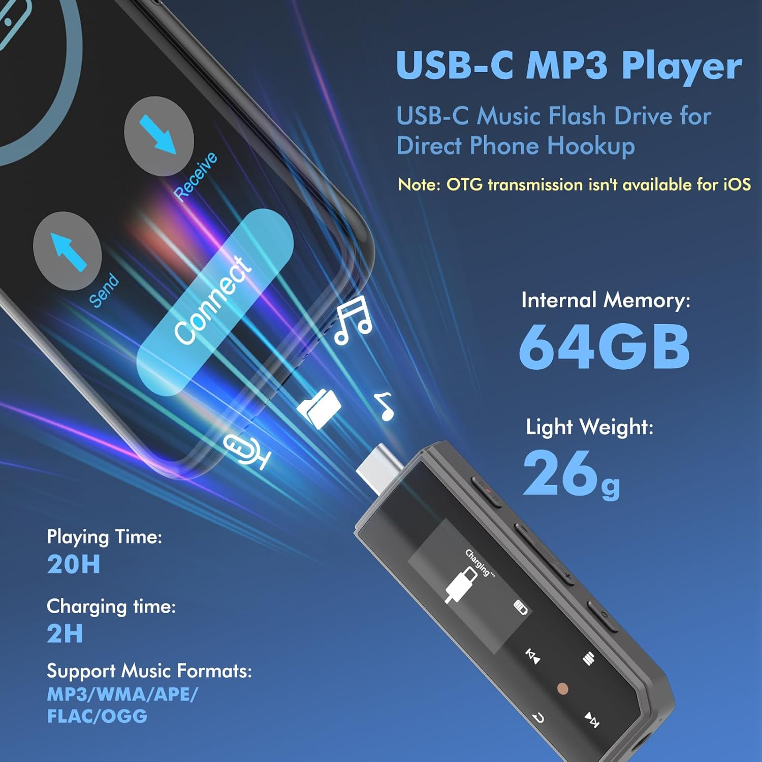 RUIZU 64GB Type-C USB MP3 Player with Bluetooth 5.3, Clip Portable Music Player with FM Radio, Voice Recording, Pedometer for Sports, Digital Audio Shuffle Playback, Support Mobile Phone File Transfer image number 4