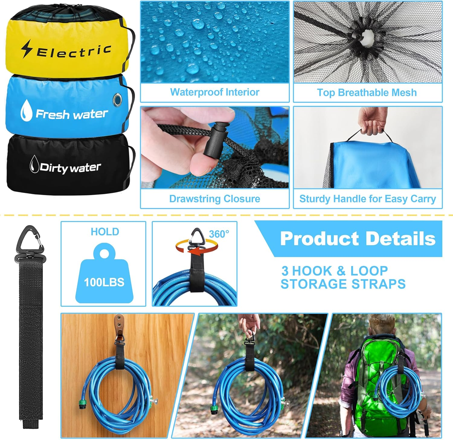 3-Pack Waterproof RV Hose Storage Bags, 18In Sewer Hose Organizer RV Accessories Storage Bag, Utility Bag for Fresh/Black Water Hoses Electrical Cords, Camper Tools Accessory image number 1