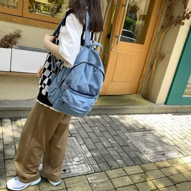 TYHOTULY Lightweight Travel Denim Backpack Vintage Daypack Y2K Backpack Multipurpose Adjustable Shoulder Bags for Women Men - Blue image number 6