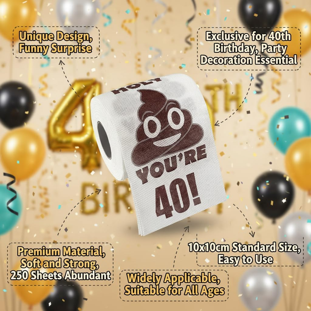 40Th Birthday Toilet Paper, Men & Women Gag Gift, 2-Ply 250 Sheets, 10X10Cm Size, Ideal for Birthday Decorations, Poop Prank, Compatible with 40Th Birthday Party Supplies &ndash; Geiwogwc image number 4