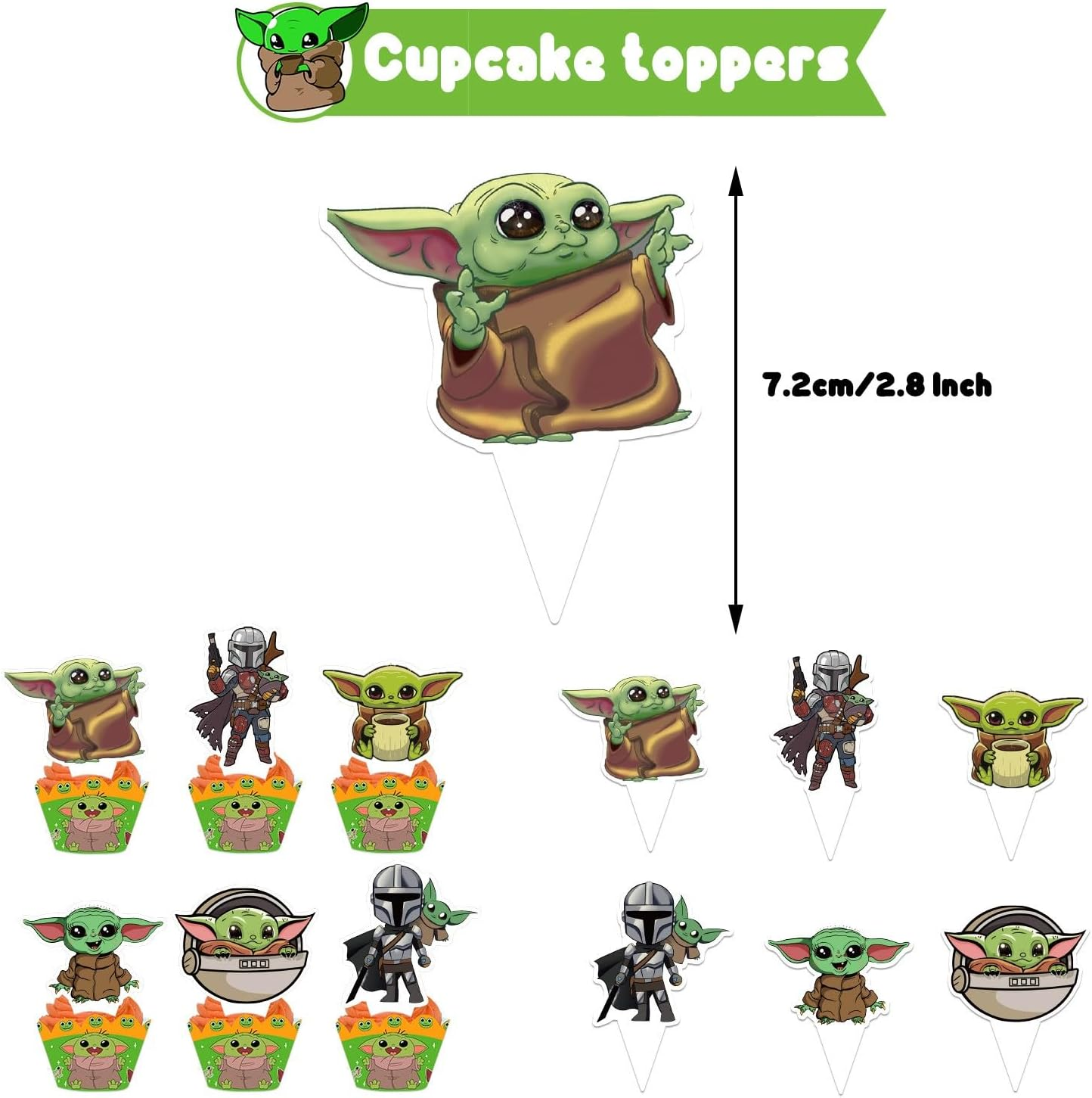 YUANHUISHENG Baby Yoda Birthday Party Decorations - 1 Banner, 18 Balloons, 1 Big Cake Topper, 12 Cake Toppers, 6 Hanging Swirls image number 4