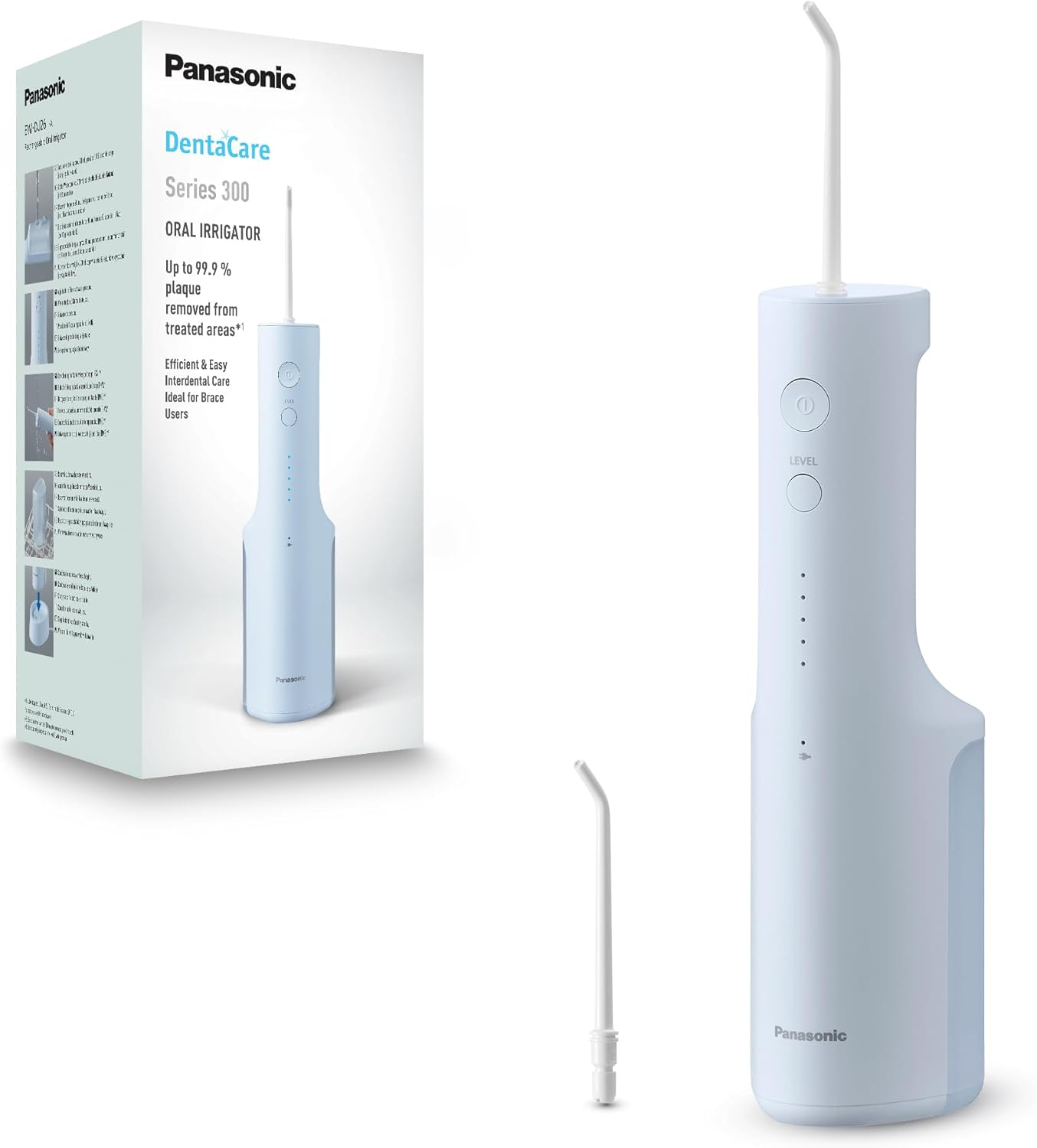 Panasonic Ultrasonic Rechargeable Cordless Water Flosser/Oral Irrigator with 5 Water Pressure Levels, Includes 2 Ultrasonic Nozzles (EW-DJ66-W341)