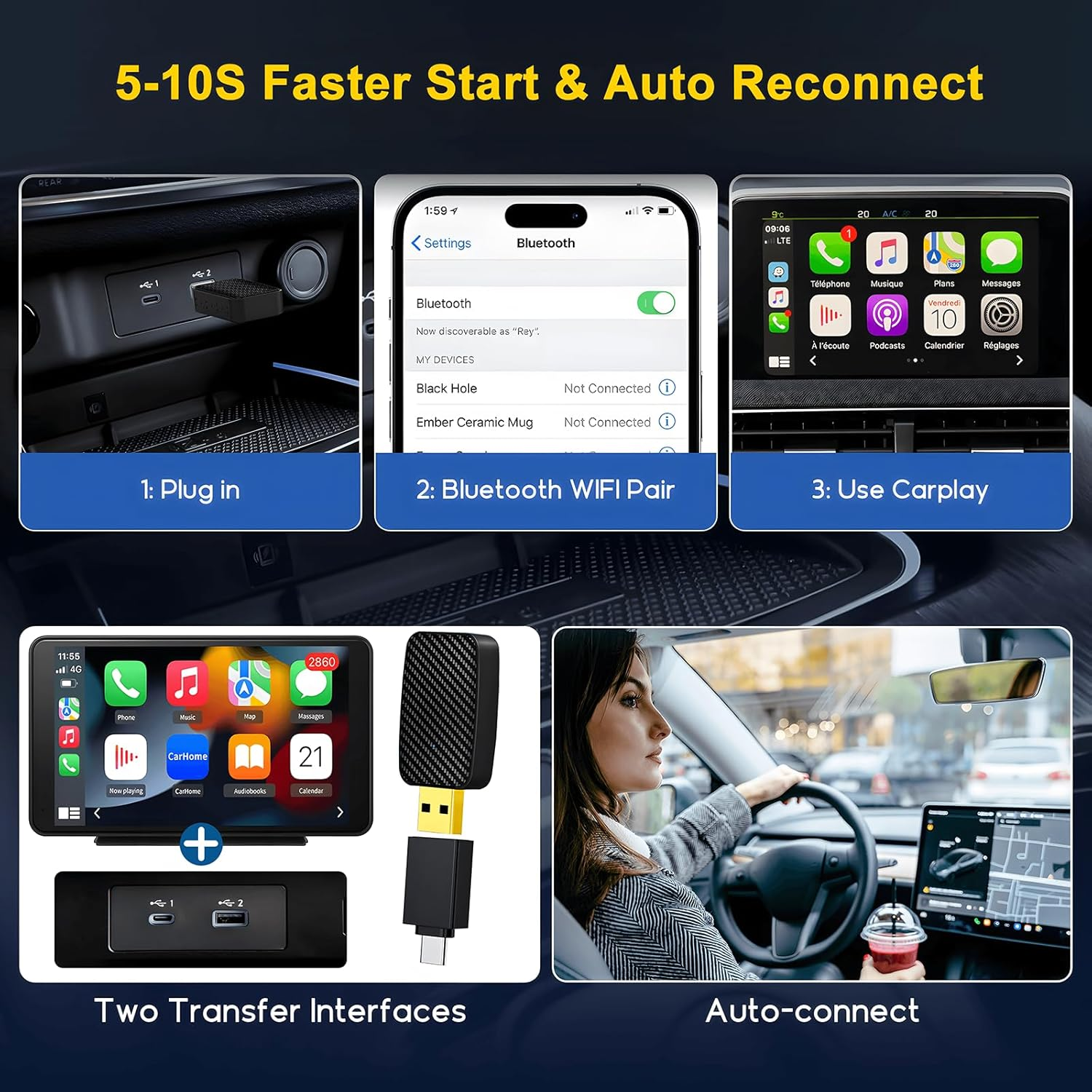 2 in 1 Wireless Carplay Adapter, Convert Factory Wired to Wireless Carplay Dongle/Android Auto Adapter, Plug & Play Bluetooth Magic Link Carplay Fast Connection for Ios 10+ / Android 10+ / Cars 2017+ image number 4