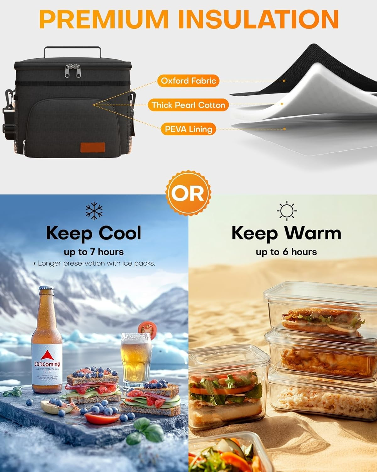 Insulated Lunch Box, Leakproof Insulated Lunch Box, 15L Soft Cooler Cooling Tote Bag, with Adjustable Shoulder Strap, Reusable Lunch Bags for Adult Men, Women, for Work, Picnic (Black) image number 5