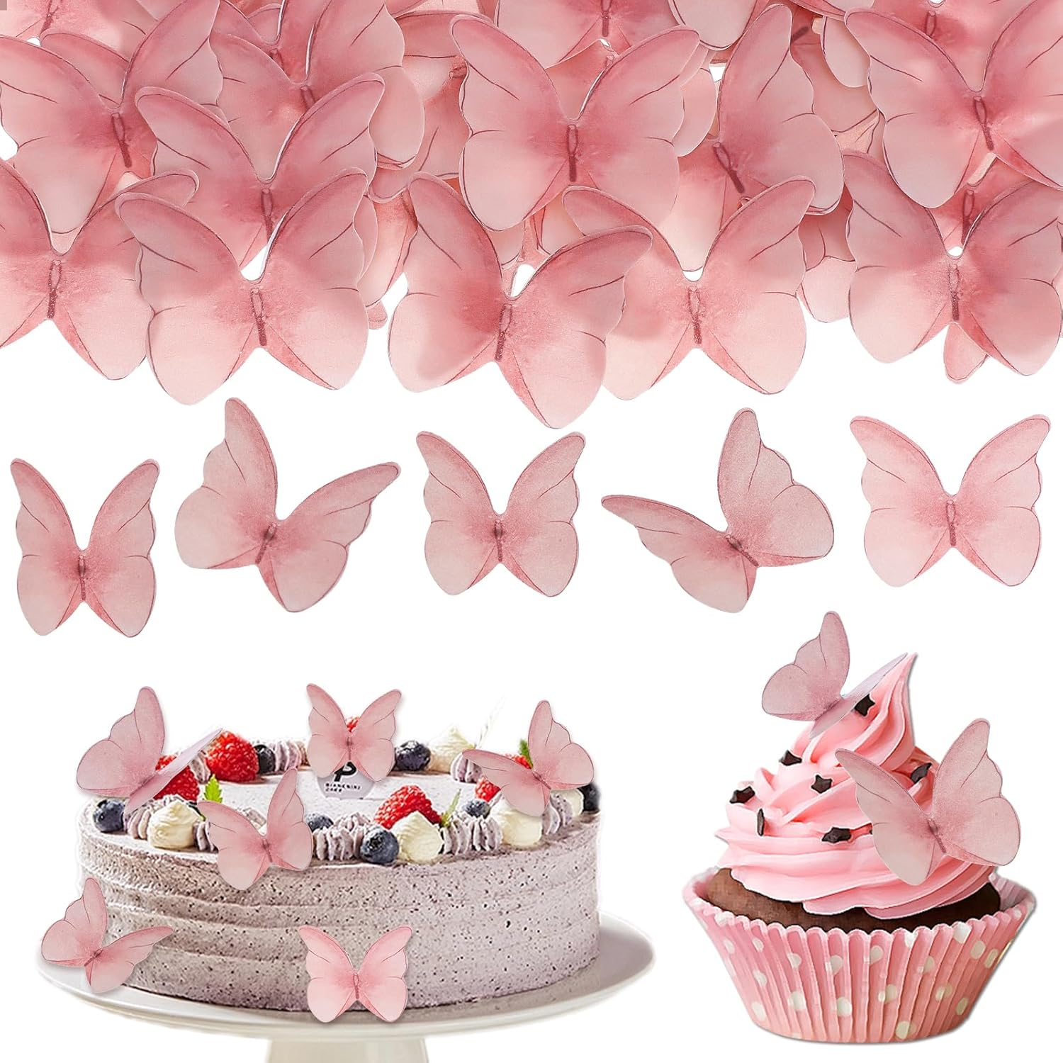 48PCS Edible Butterfly Cake Decorations Wafer Paper Butterflies for Cake Decorating, Vivid Colorful Butterfly Cupcake Toppers for Wedding Birthday Party Cupcakes Decorating Supplies(Pink)