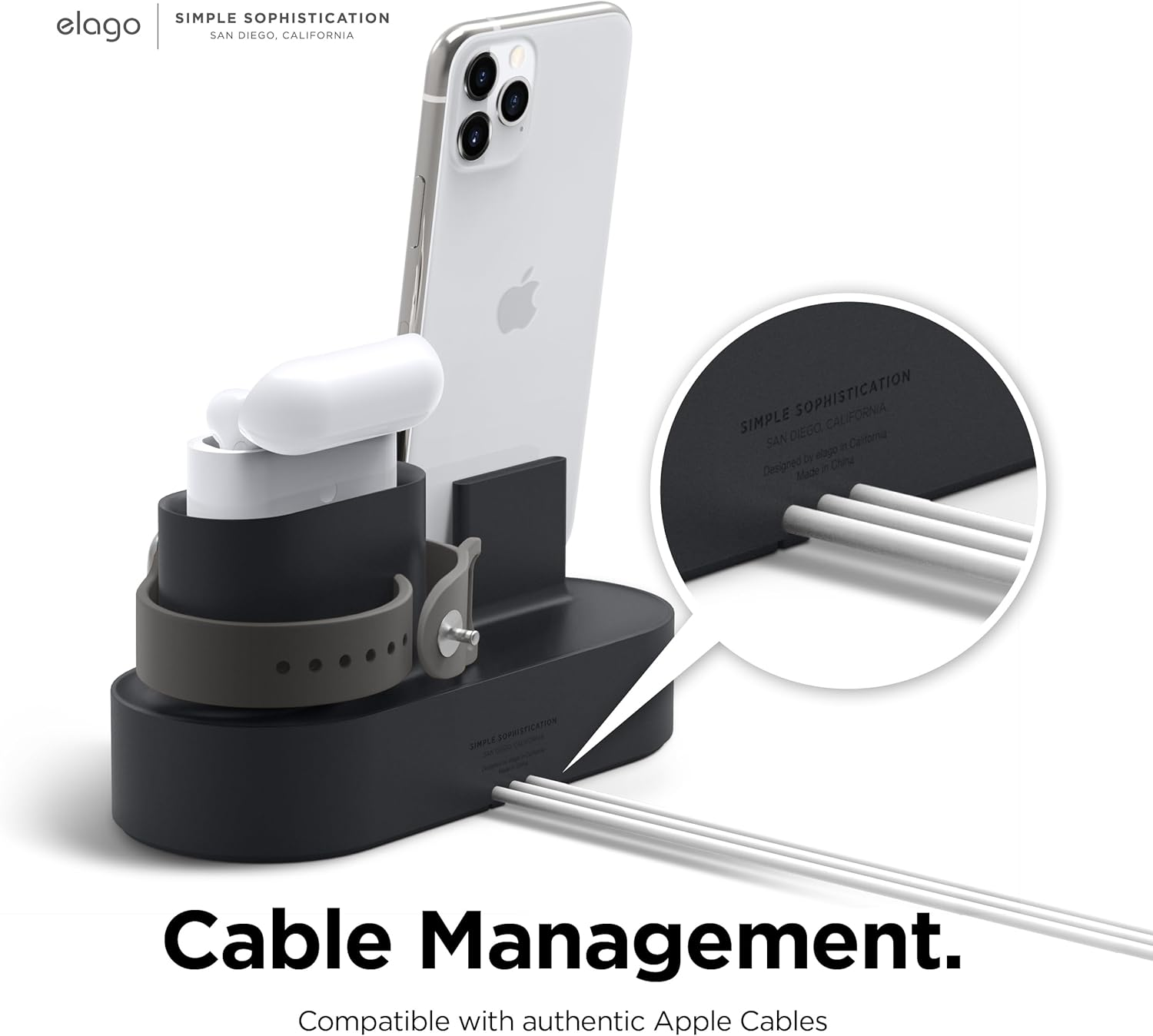 Elago 3 in 1 Charging Station Compatible with Apple Watch Series(10/9/8/7/6/5/4/3/2/1/Se), Compatible with All Iphone Series, Airpods Pro 2/1, Airpods 3/2/1 [Cables NOT Included] (Black) - Dark Grey image number 2