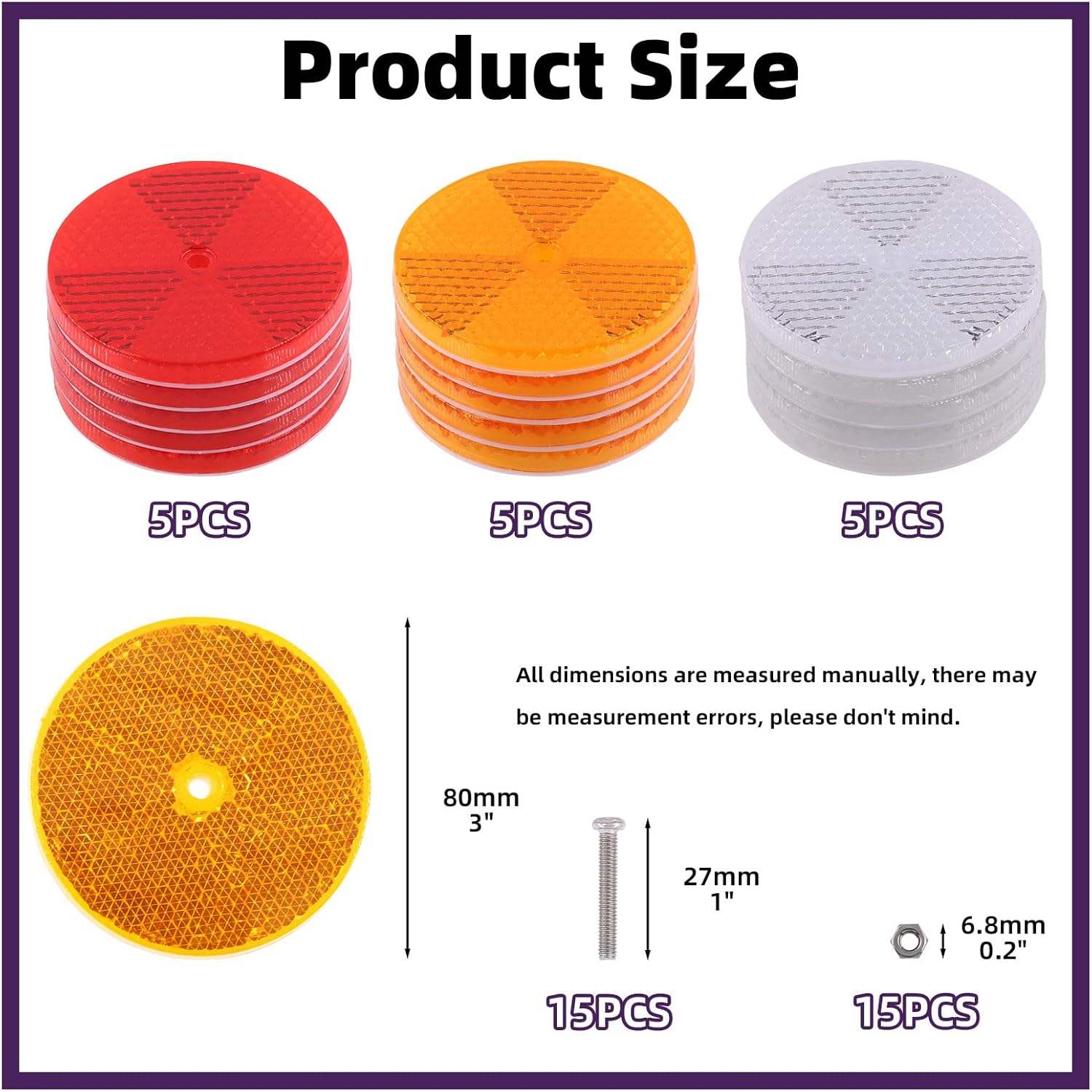 Swpeet 45Pcs round Front Reflector Driveway Trailer Reflectors, 3 Colors of Reflective Mailbox Reflector with Center Mounting Hole with 304 Stainless Steel Screw Used for Roads Mailboxes Tunnels image number 1