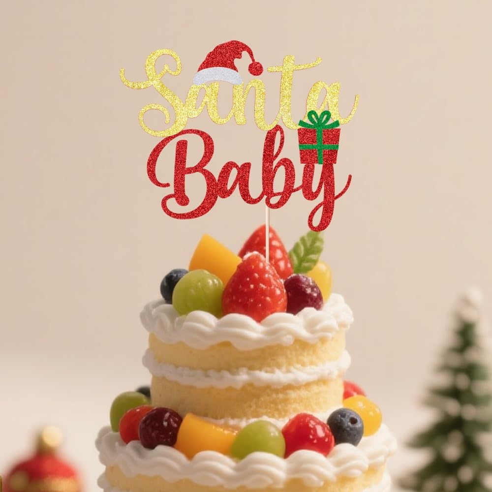 Merry Christmas Cake Topper, Happy New Year Party Cake Decorations, Children'S Christmas Theme Party Cake Decorations Supplies (BABY) - Christmas Tree-Red Green image number 2