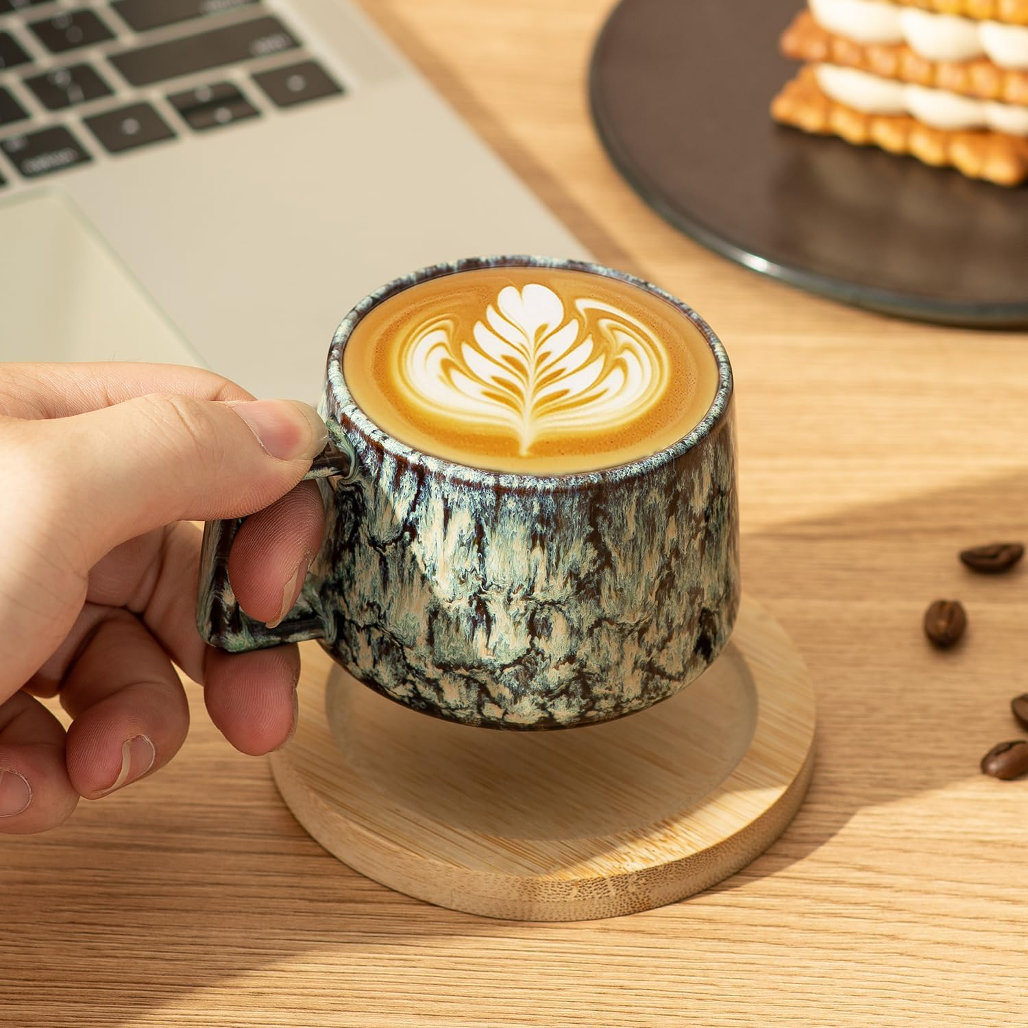 Set of 4 Espresso Cups, 190 Ml Cappuccino Cups with Wooden Saucers, Coffee Cups with Saucers, Stoneware Cups for Coffee, Americano, Latte, Cafe, Mocha and Tea (Beige + Cyan + Dark Blue + Dark Green) - 2, Beige + Cyan image number 6
