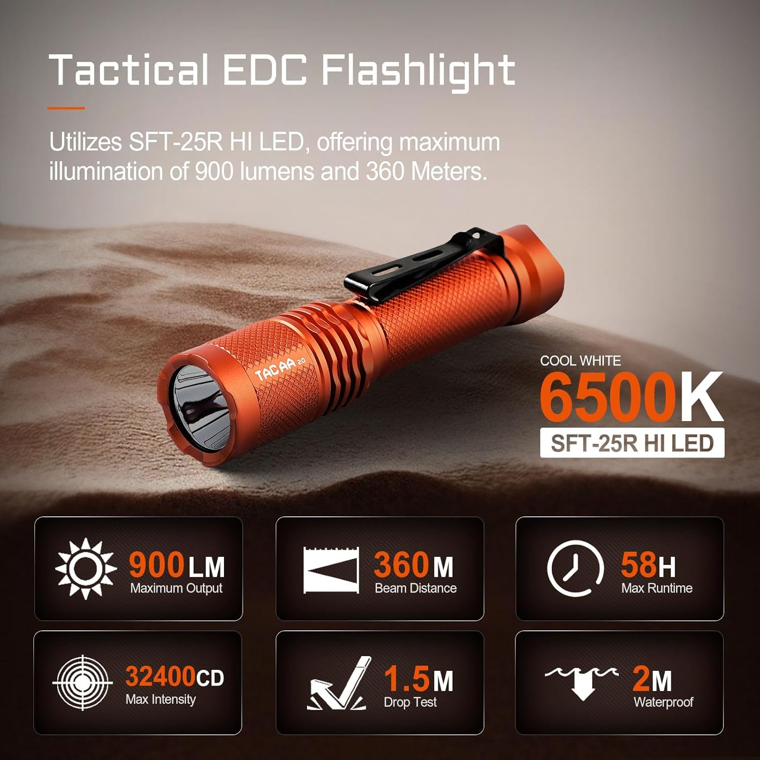 ACEBEAM TAC AA 2.0 Longest-Range AA Flashlight 360 Meters, 900 High Lumens Tactical EDC Flashlight Rechargeable, 6 Modes Pocket LED Super Bright Small Mini Flashlight for Camping, Home(Sft-25R HI) image number 4