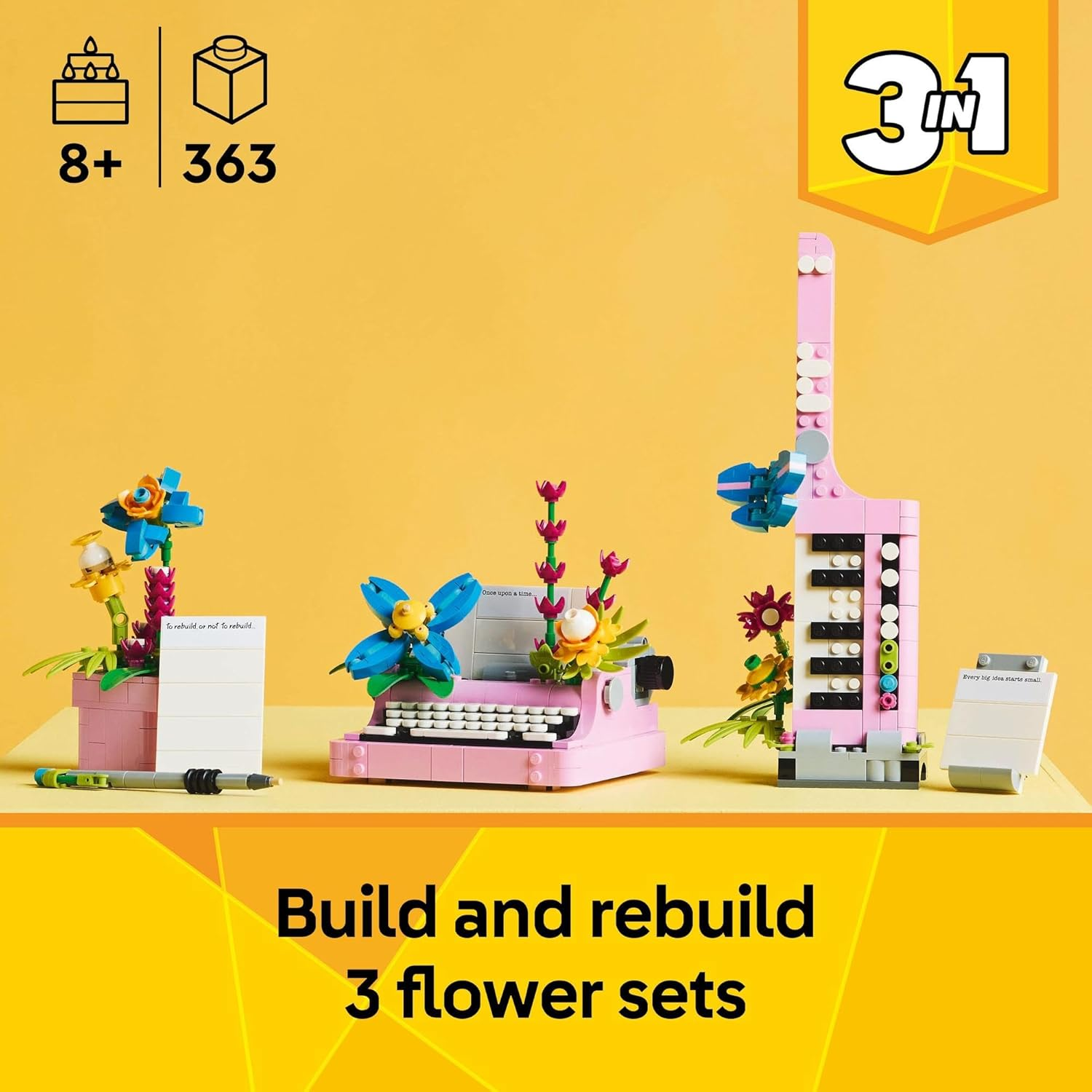 LEGO Creator 3In1 Typewriter with Flowers Building & Construction Toy for Girls 8-10, Creative Kid Toy Rebuilds into a Keyboard Guitar or Flower Pot with Pen & Notebook, Art & Craft Kit 31169 image number 6