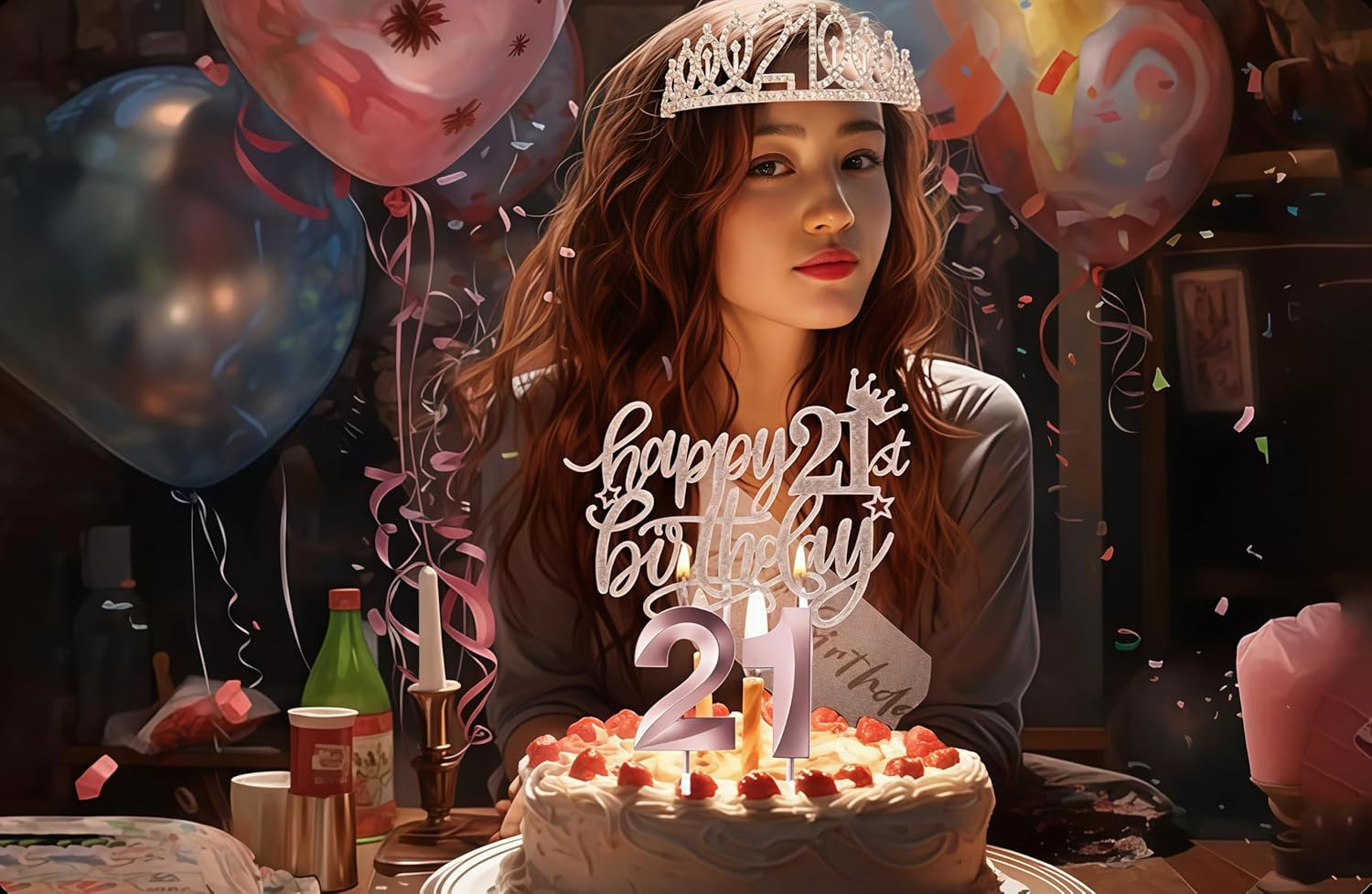 21St Birthday Party Decorations Set, Rose Gold Crown Tiara, Cake Topper, Sash and Number Balloons image number 1