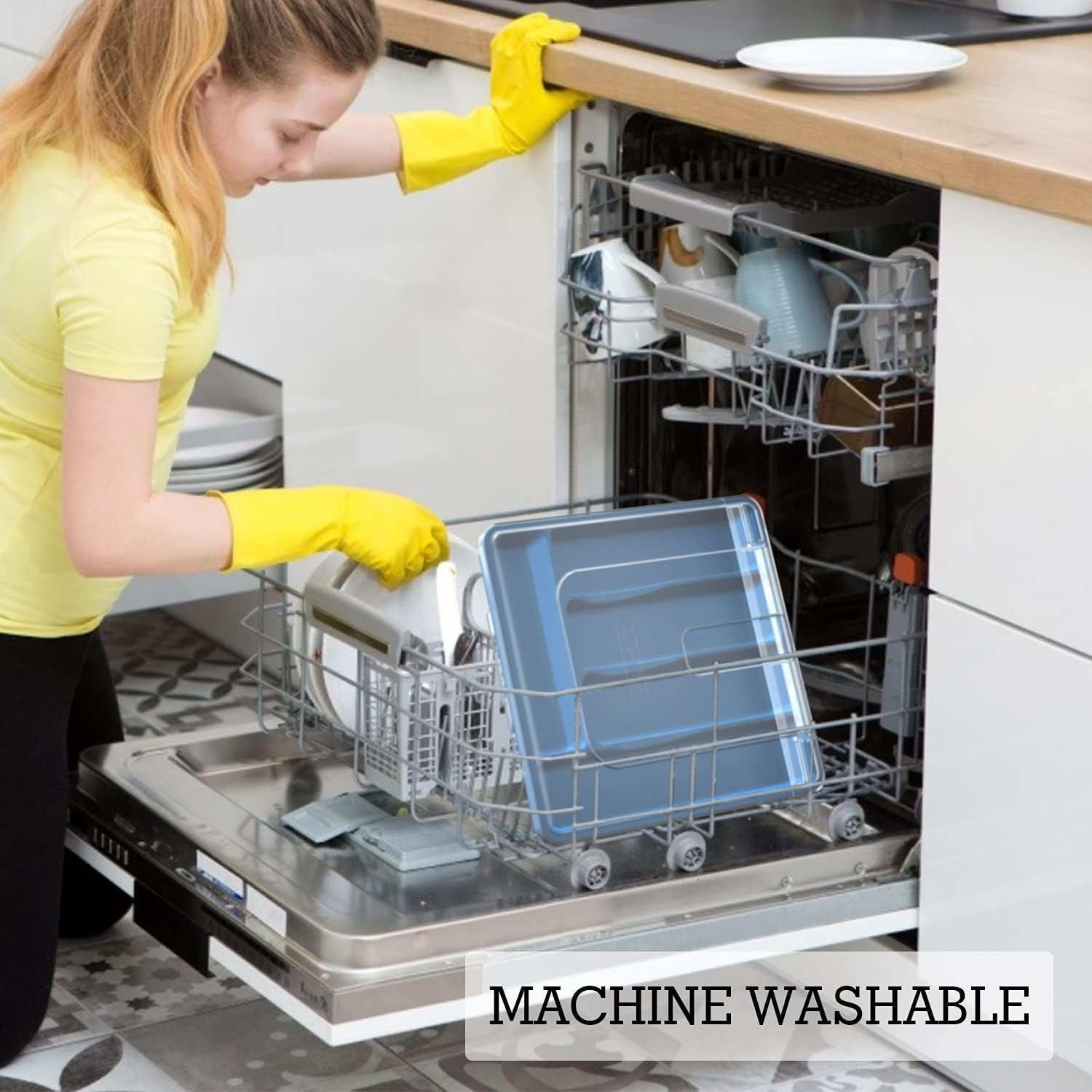 QINOL Silverware Tray with Lid, Utensil Holder for Kitchen Counter Plastic Flatware Organizers and Storage Holder 5 Compartments Blue - Blue image number 2