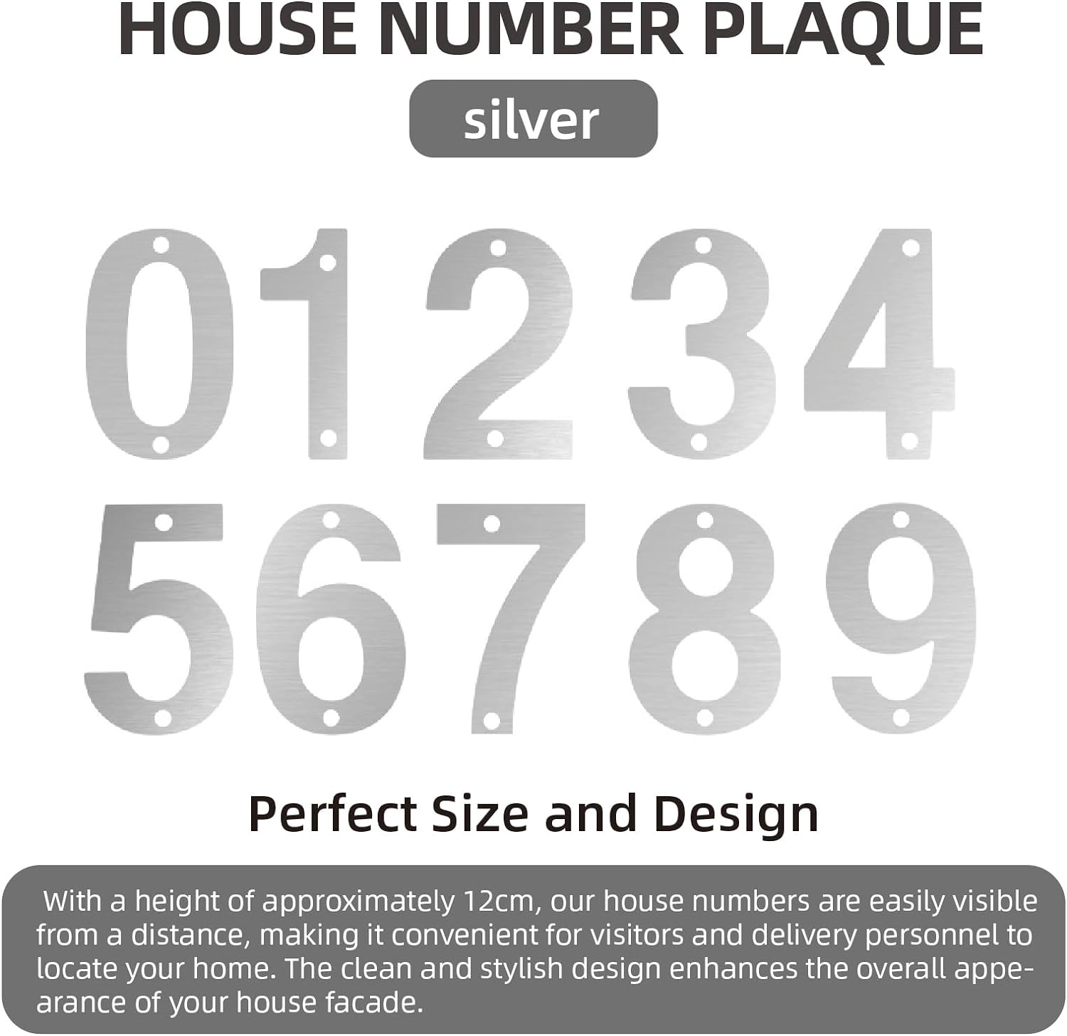 Bay Breeze Stainless Steel House Number Sign, 12Cm, Silver-0, Modern Elegant Style, Wall Mount, Outdoor/Indoor Use image number 1