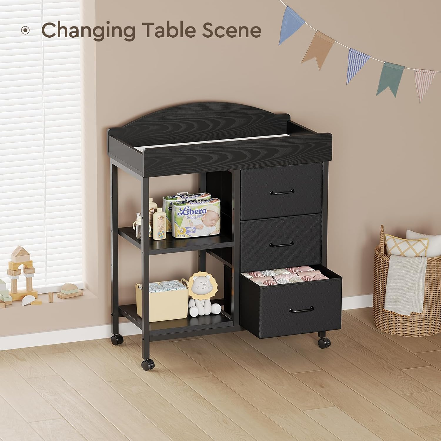 Changing Table Dresser, Baby Dresser with 3 Drawers and 2 Shelves, Multi-Functional Baby Changing Table with Pad, Classic Nursery Dresser, Diaper Changing Station for Children'S Room, Black - Lhm2 image number 3