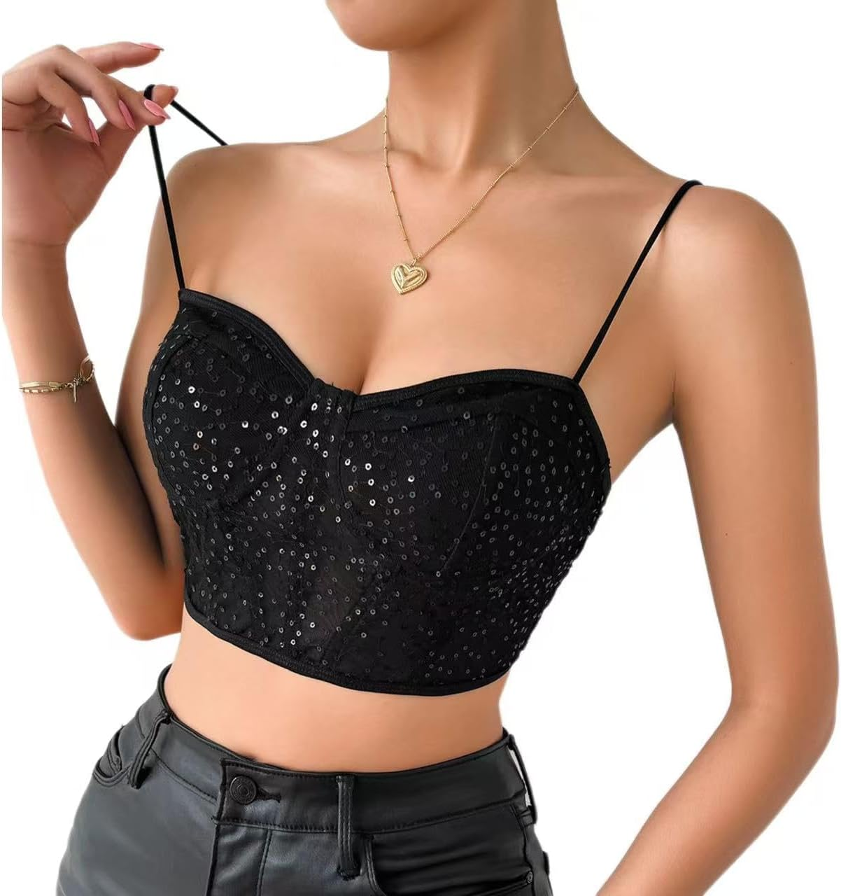 Women'S Floral Lace Crop Top Spaghetti Strap Sheer Mesh Corset Bustier Tops Bralette
