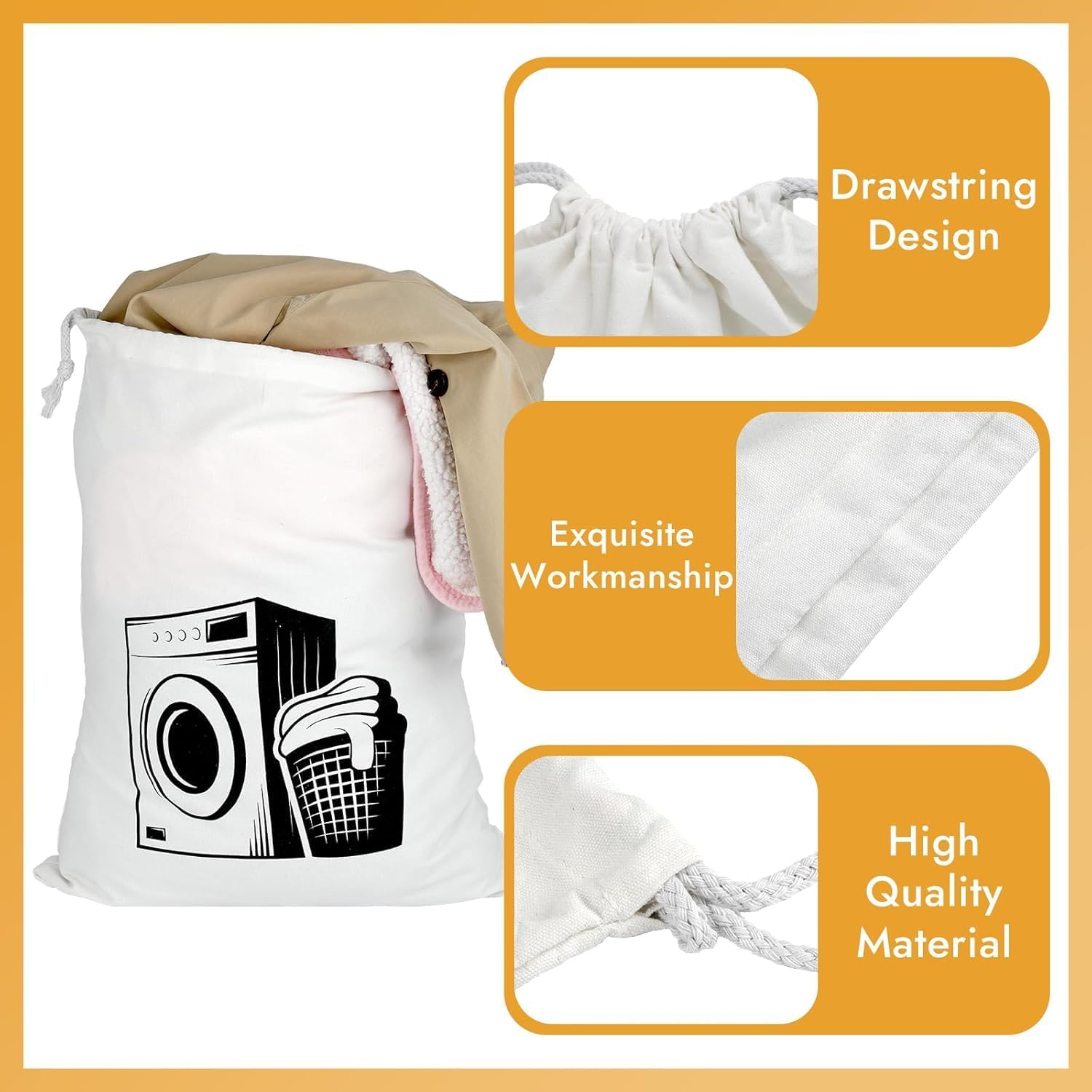 Pack of 2 Laundry Bags Travel, Cotton Laundry Bag Travel, Large Bag with Drawstring, Reusable Laundry Bag Dirty Laundry, Foldable Bag for Clothes Storage, 60 X 50 Cm(White) image number 3