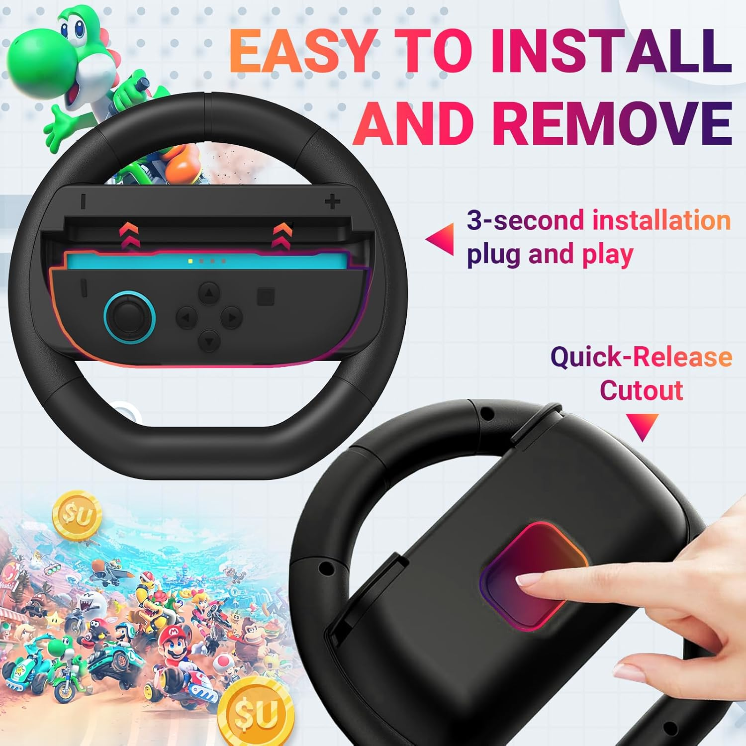 JOWILIN Switch Steering Wheel for Nintenedo Switch 2 (2025), 2 Pack Racing Steering Wheel for Mario Kart World 9/8, Mario Kart Steering Wheel Grip for Switch2 Joy-Con Accessories Kit image number 2