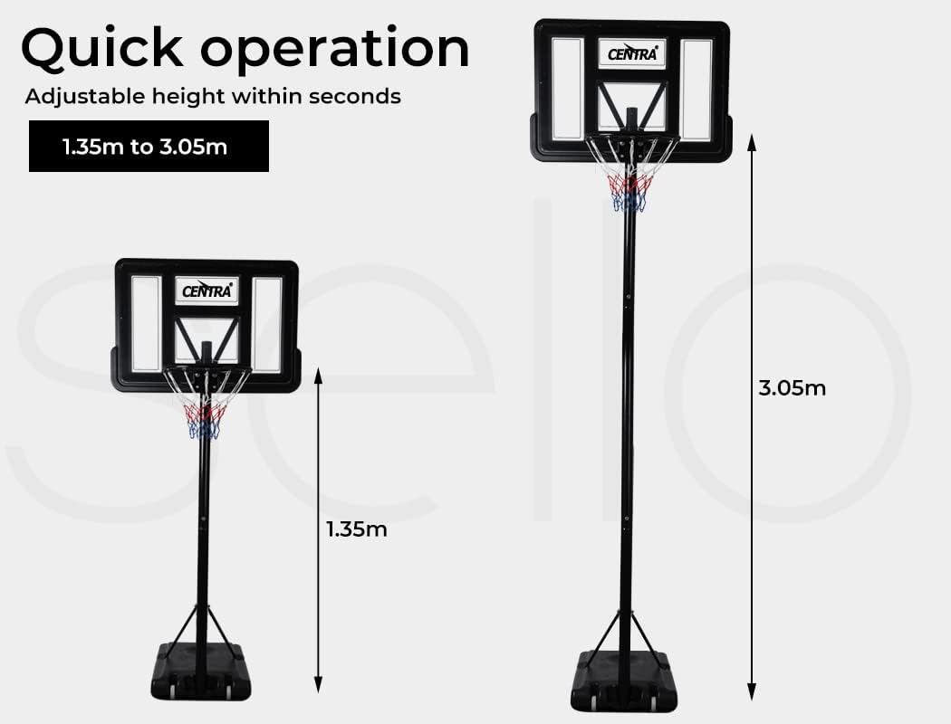 Centra Basketball Hoop Stand Portable 1.3-3.05M Height Adjustable Backboard Net Ring Basketball Hoop Stand 75L Stable Base for Adults Teens Ball Slot