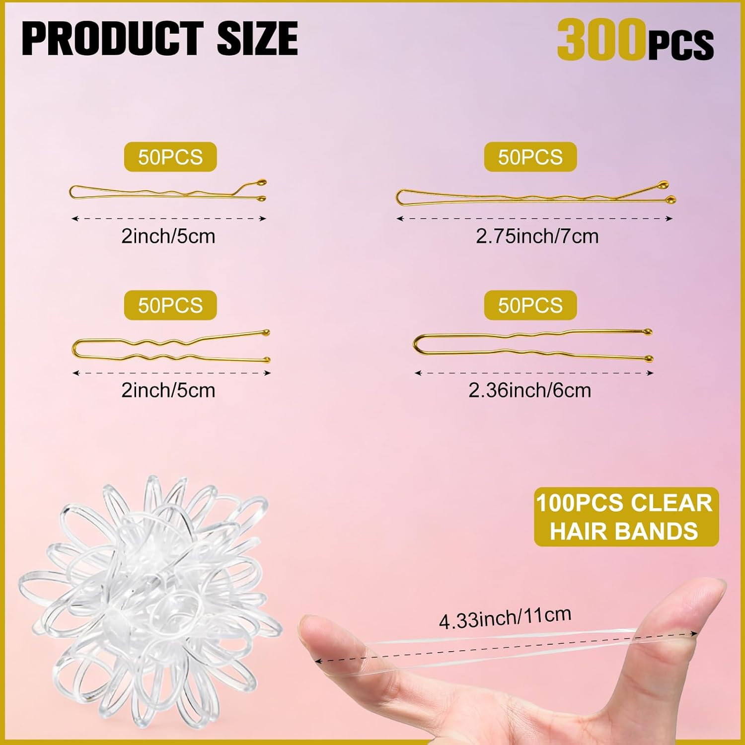 Pack of 200 Hair Pins, Bobby Pins, Gold, Hair Clips, Hair Pins for Women, Ladies, Girls, Hair Accessories, Bun Pins, for Hair Accessories, with 100 Pieces Invisible Clear Hair Bands (Gold) image number 2