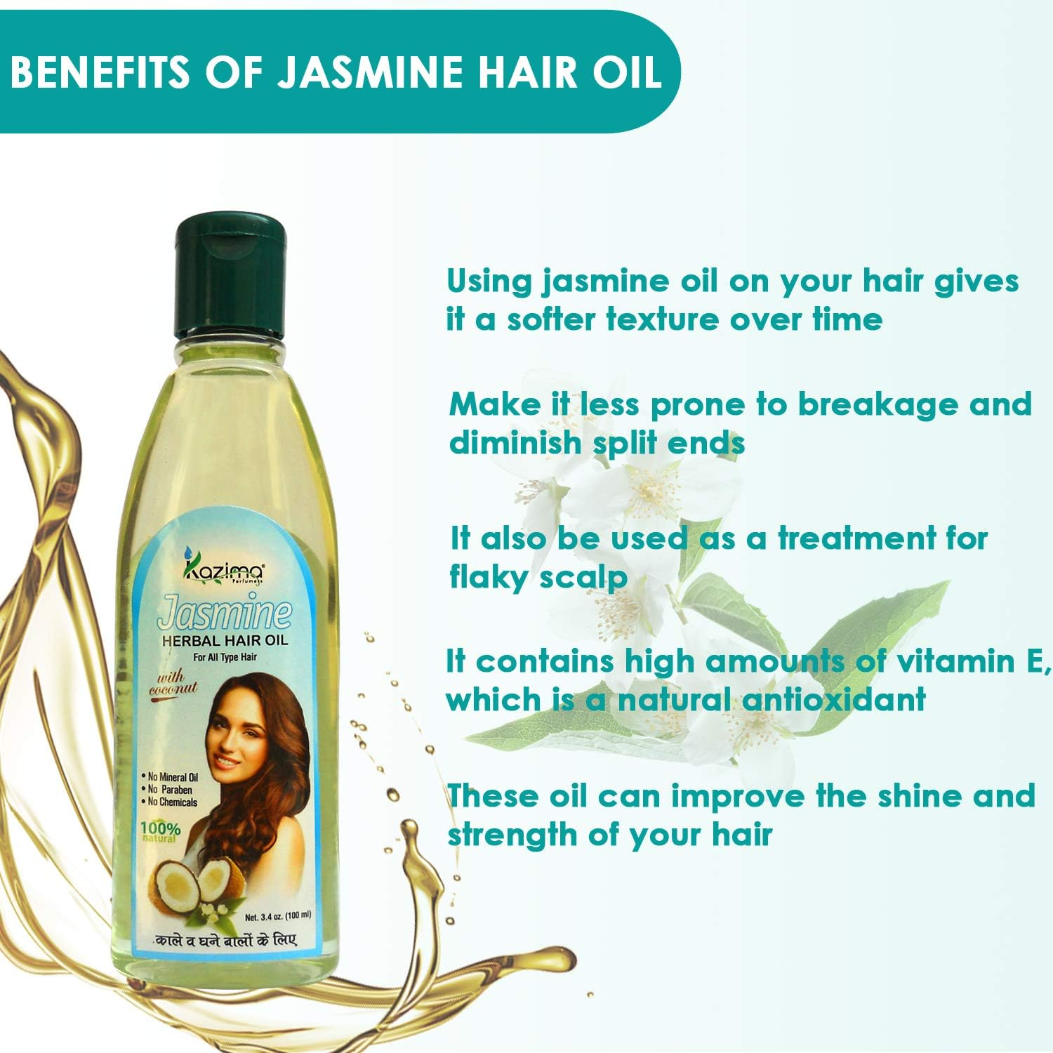 KAZIMA Jasmine Herbal Hair Oil Ideal for anti Hair Loss, Lice Prevention, Dandruff & Promote Hair Growth (100ML) (Pack of 2) image number 3