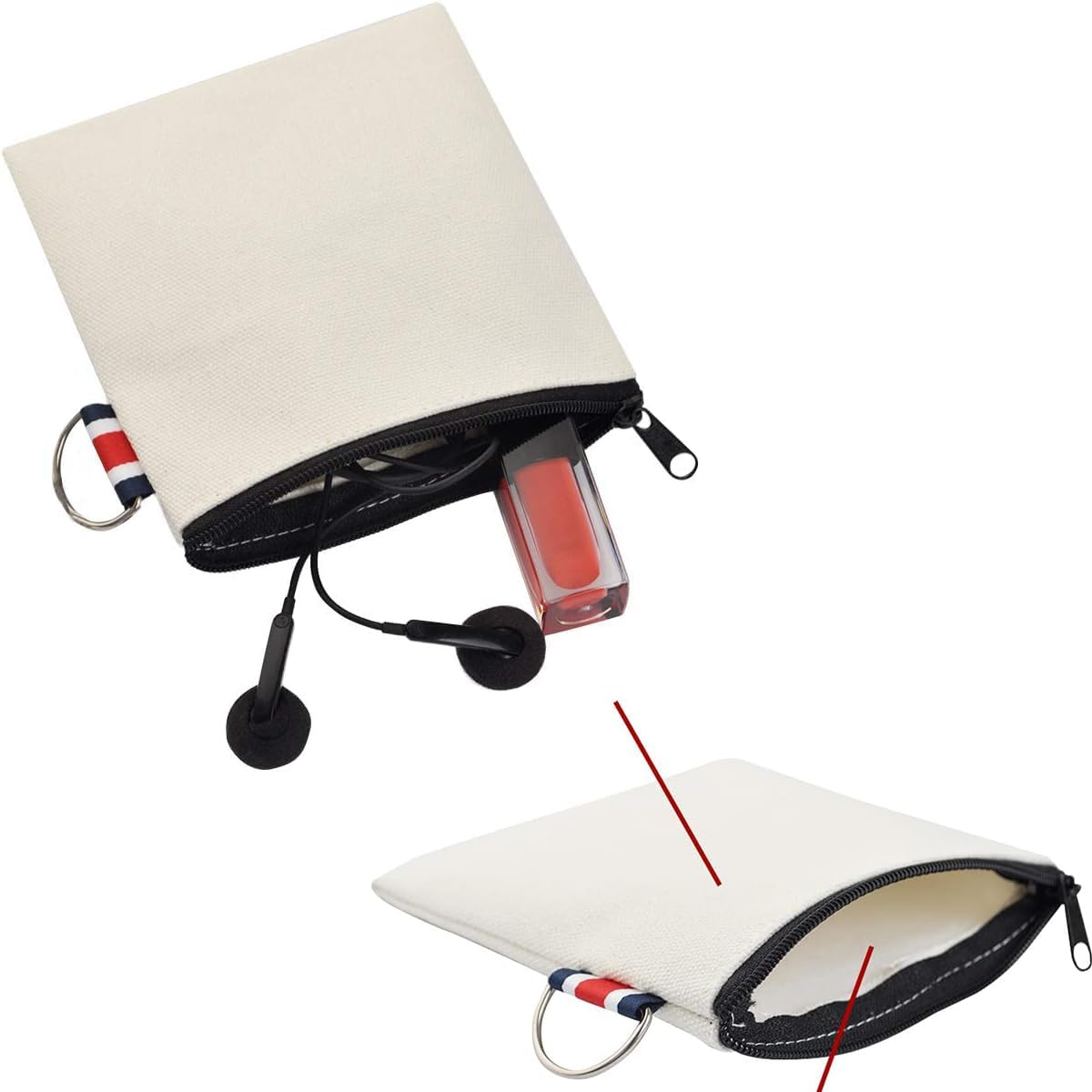 Dracra 3 Pack Small Canvas Zipper Pouch with Hanging Ring Square Pocket Carrying Purse Travel Storage Organizer Case Mini Toiletry Bag for Makeup Lipstick Cosmatic Change Coins Earphone Charger Cable, image number 6