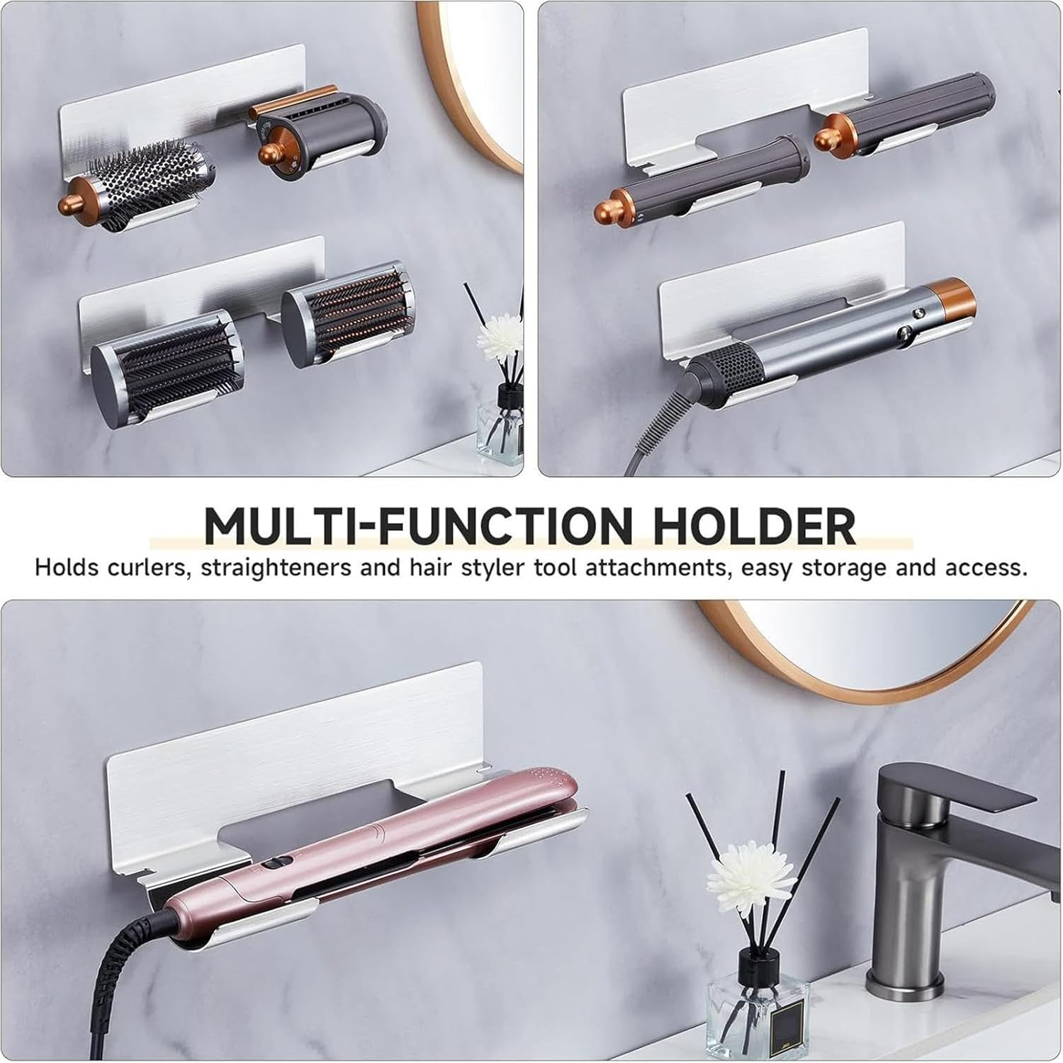 Wall Mounted Hair Dryer Holder, Metal Hair Dryer Hanger Rack, No Punching Hair Dryer Hanger, Wall Mount Hair Styling Tools Organizer for Bathroom Living Room Vanity image number 2