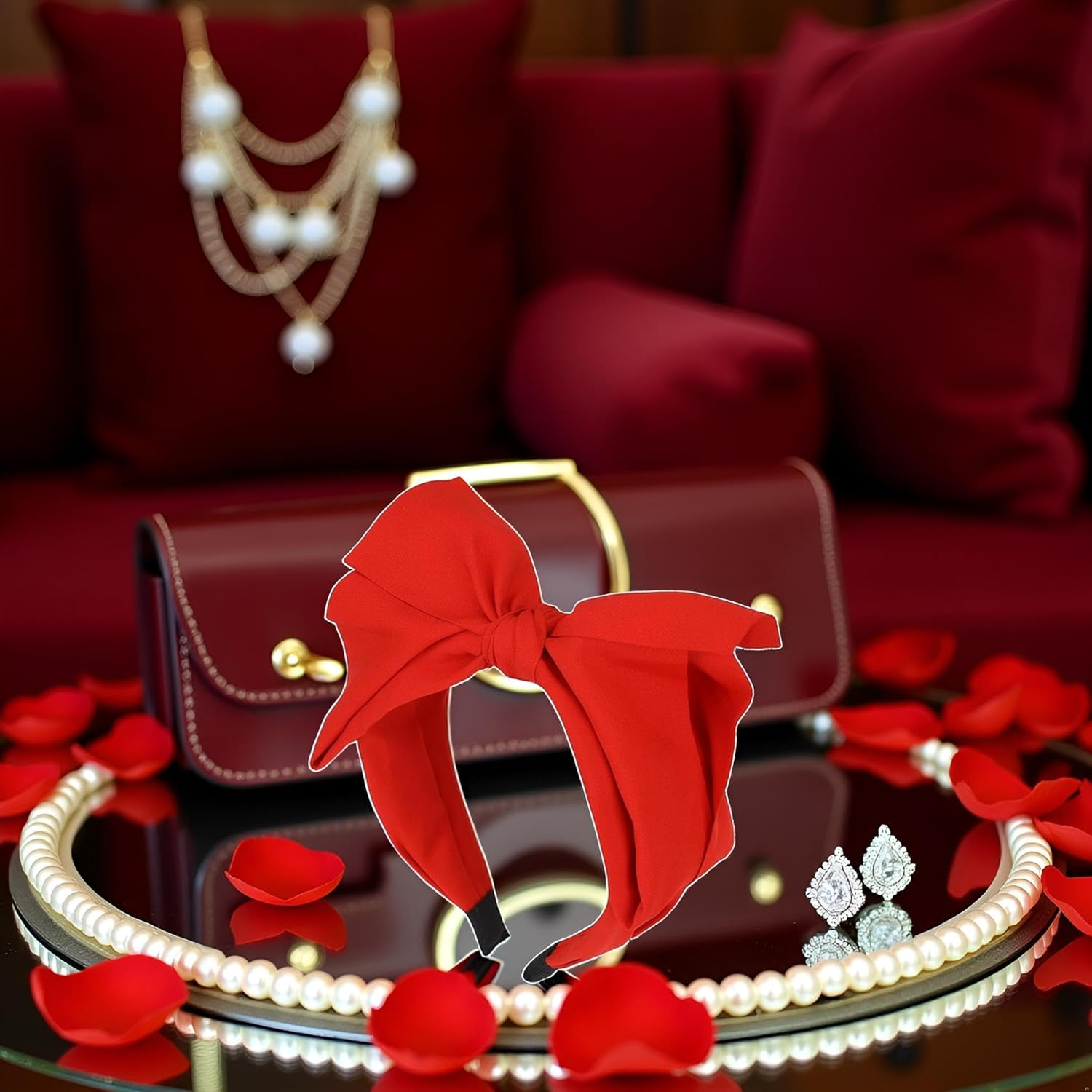 1Pc Red Women'S Bowknot Headband,Exquisite Knotted Bow Headbands for Women Headbands with Double Layer Bows Red Top Knot Bows Head Band Accessories for Women Girls Hair Care Accessories image number 3