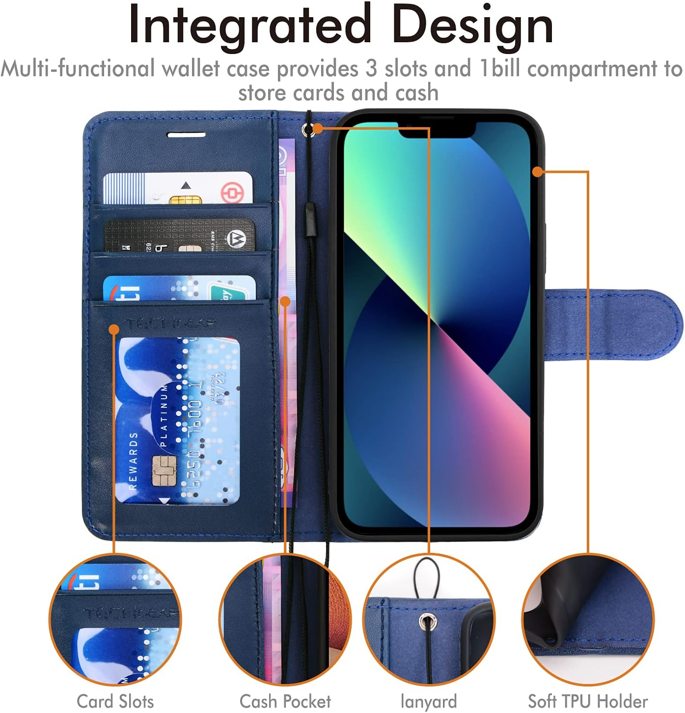 TECHGEAR Iphone 13 Mini Leather Wallet Case, Flip Protective Case Cover with Wallet Card Holder, Stand and Wrist Strap - Blue PU Leather with Magnetic Closure Designed for Iphone 13 Mini 5.4" - Black image number 5