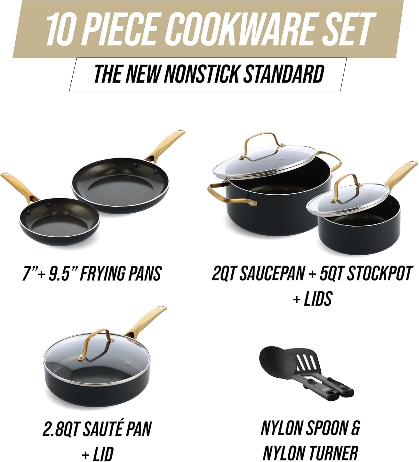 Blue Diamond Gold 10 Piece Cookware Set,Ceramic Nonstick, PFOA Free, Induction, Black